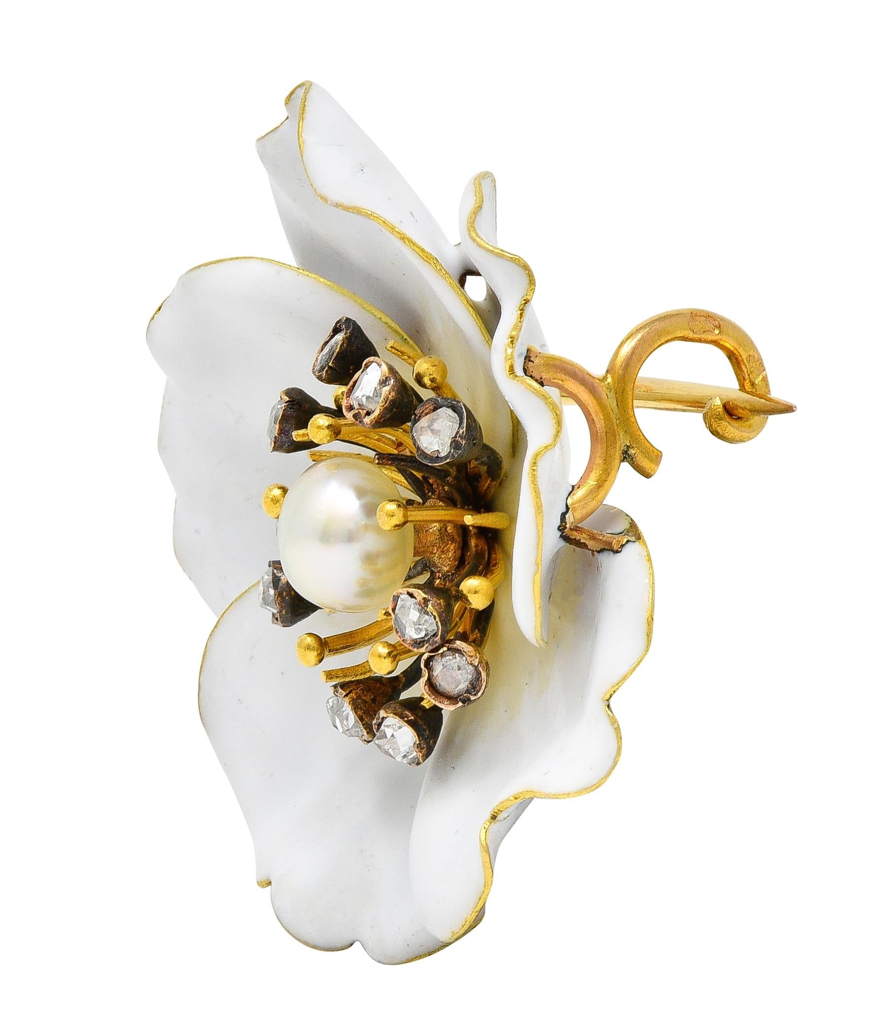 Art Nouveau French Diamond Pearl White Enamel 18K Yellow Antique Pansy Brooch