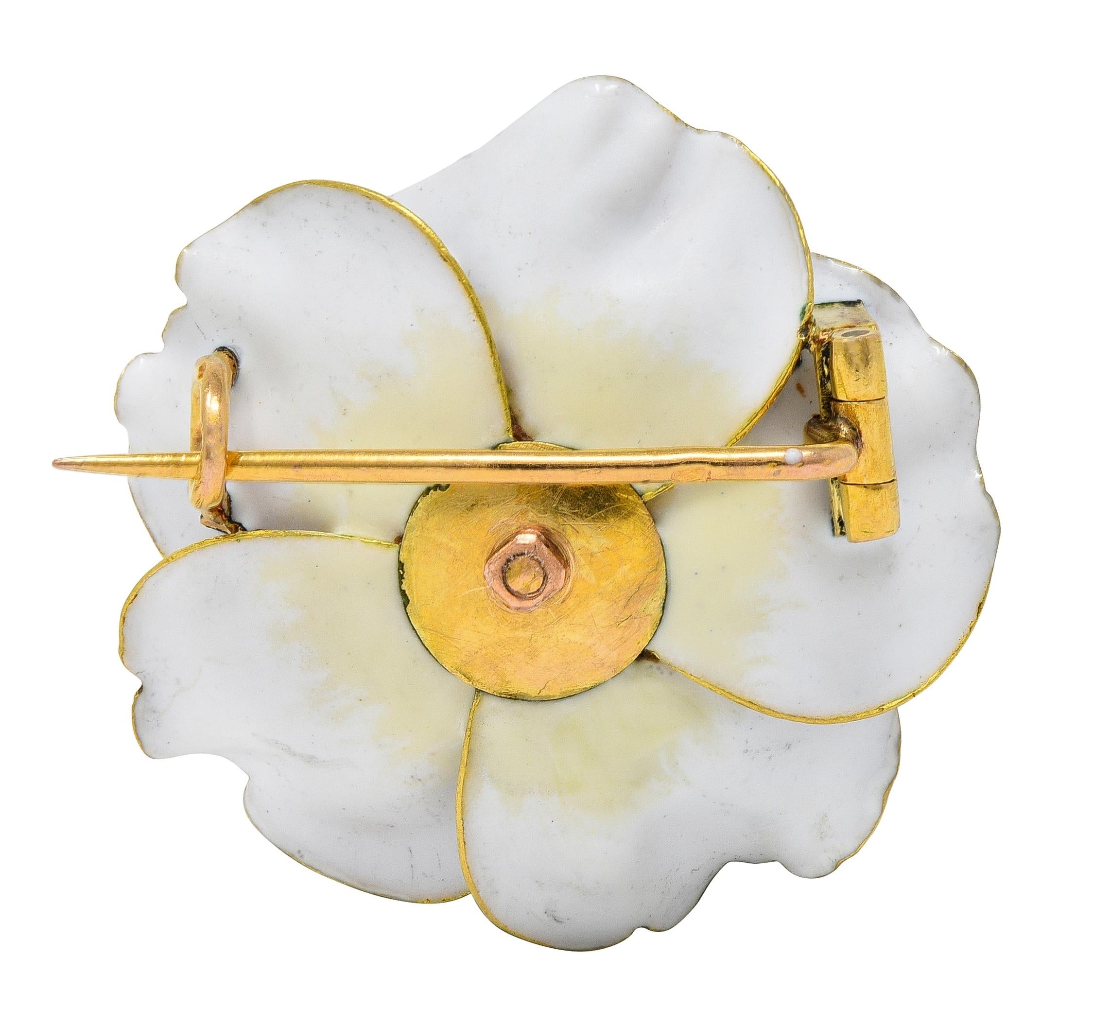 Art Nouveau French Diamond Pearl White Enamel 18K Yellow Antique Pansy Brooch