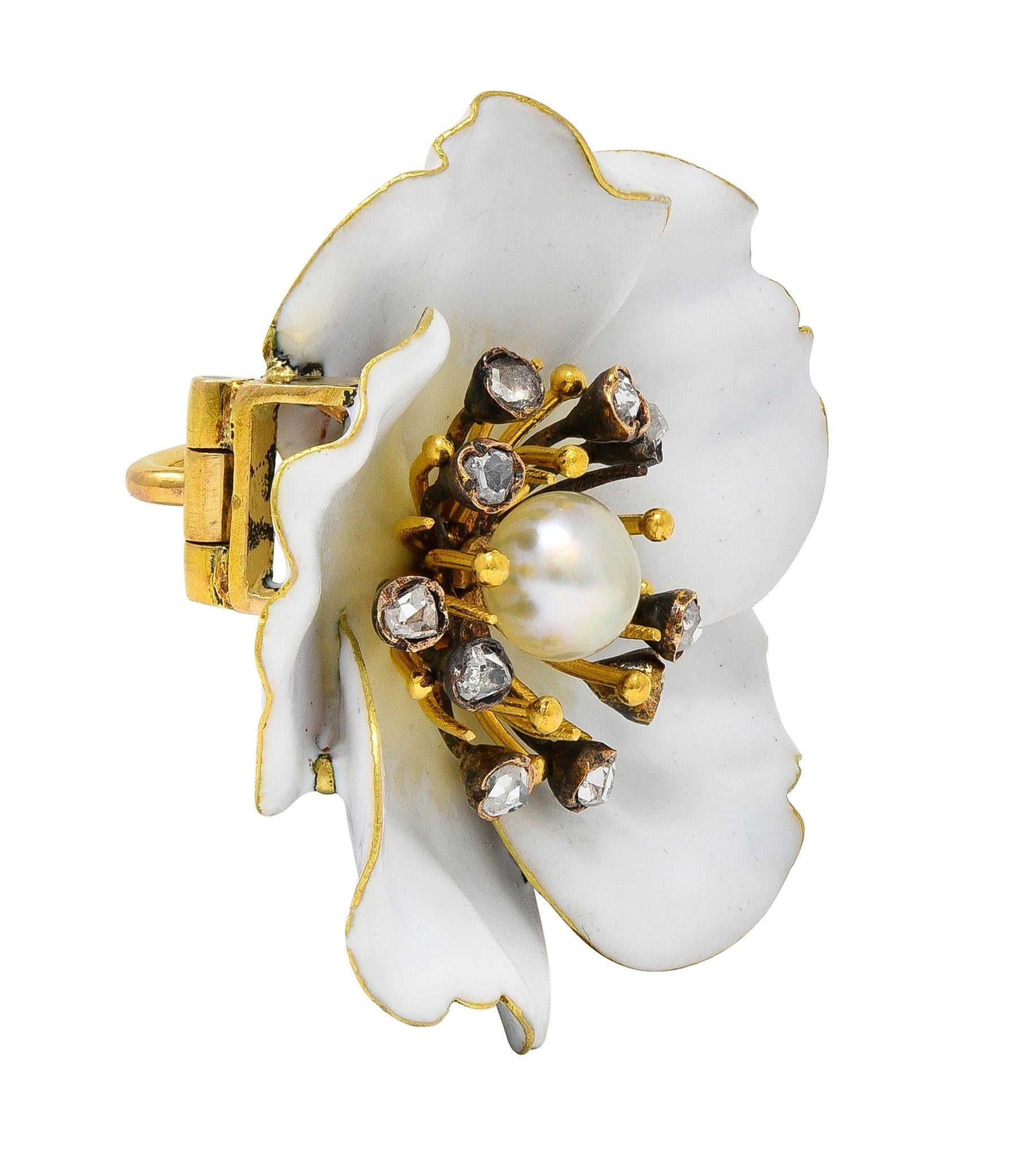 Art Nouveau French Diamond Pearl White Enamel 18K Yellow Antique Pansy Brooch