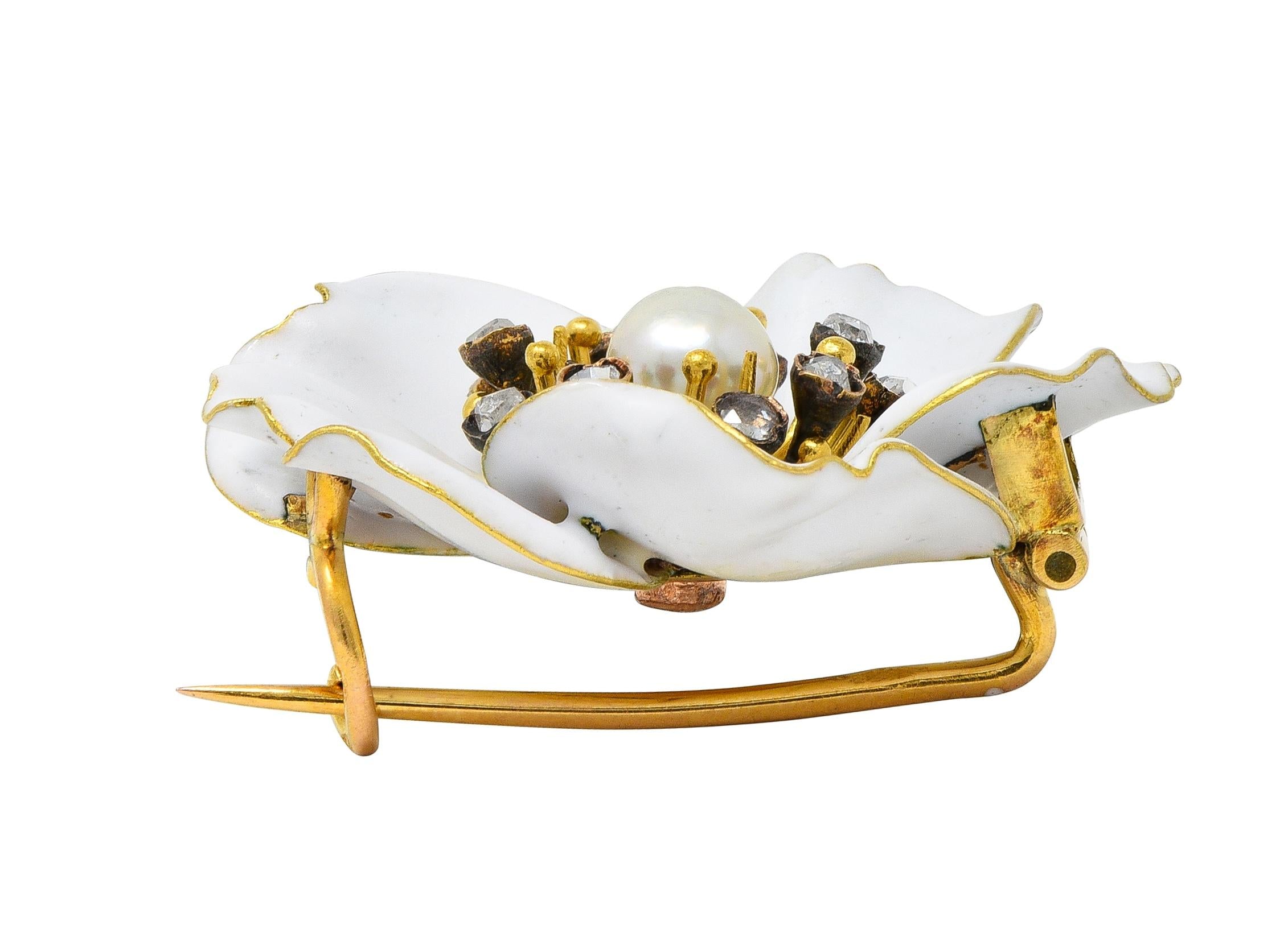 Art Nouveau French Diamond Pearl White Enamel 18K Yellow Antique Pansy Brooch