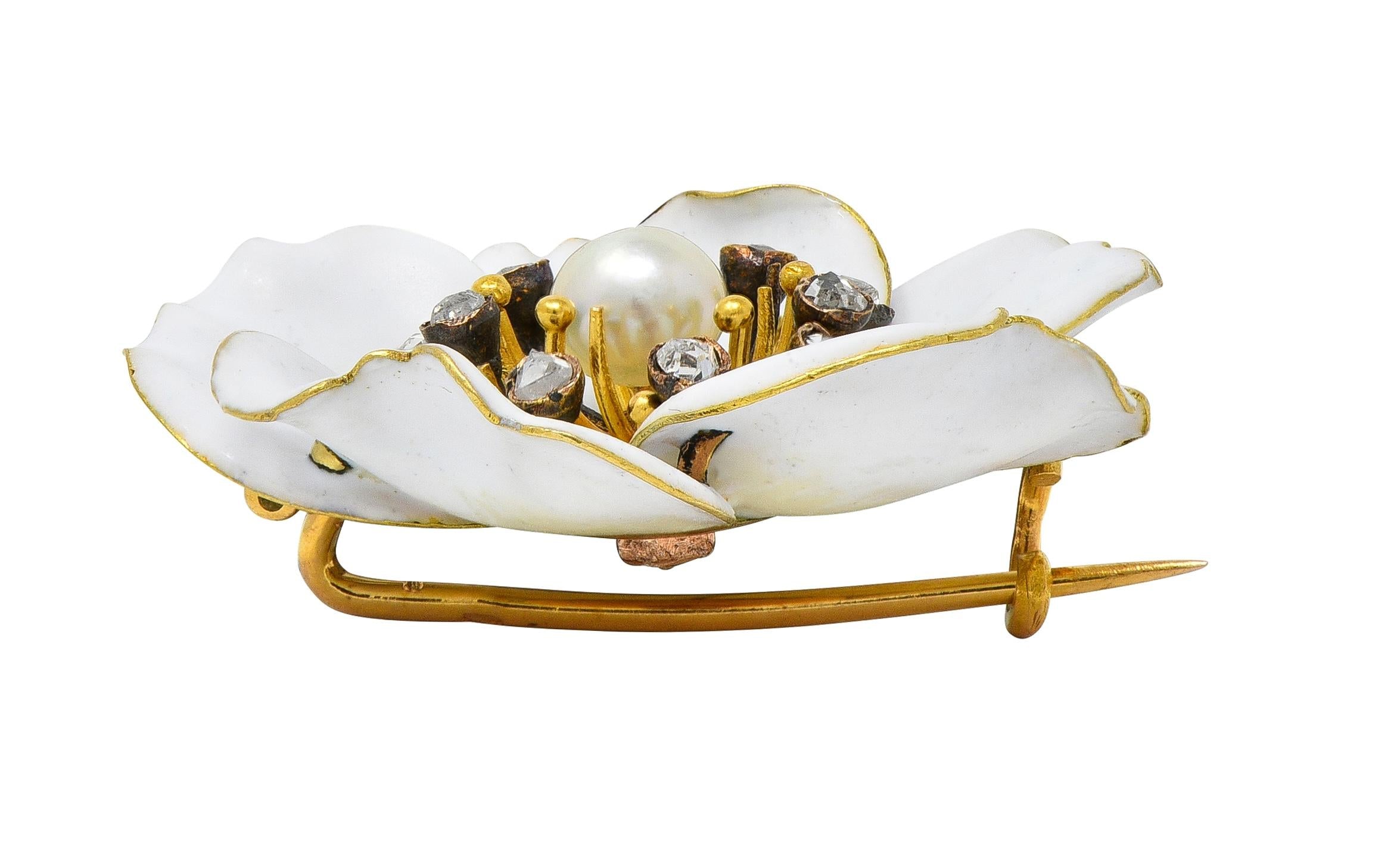 Art Nouveau French Diamond Pearl White Enamel 18K Yellow Antique Pansy Brooch