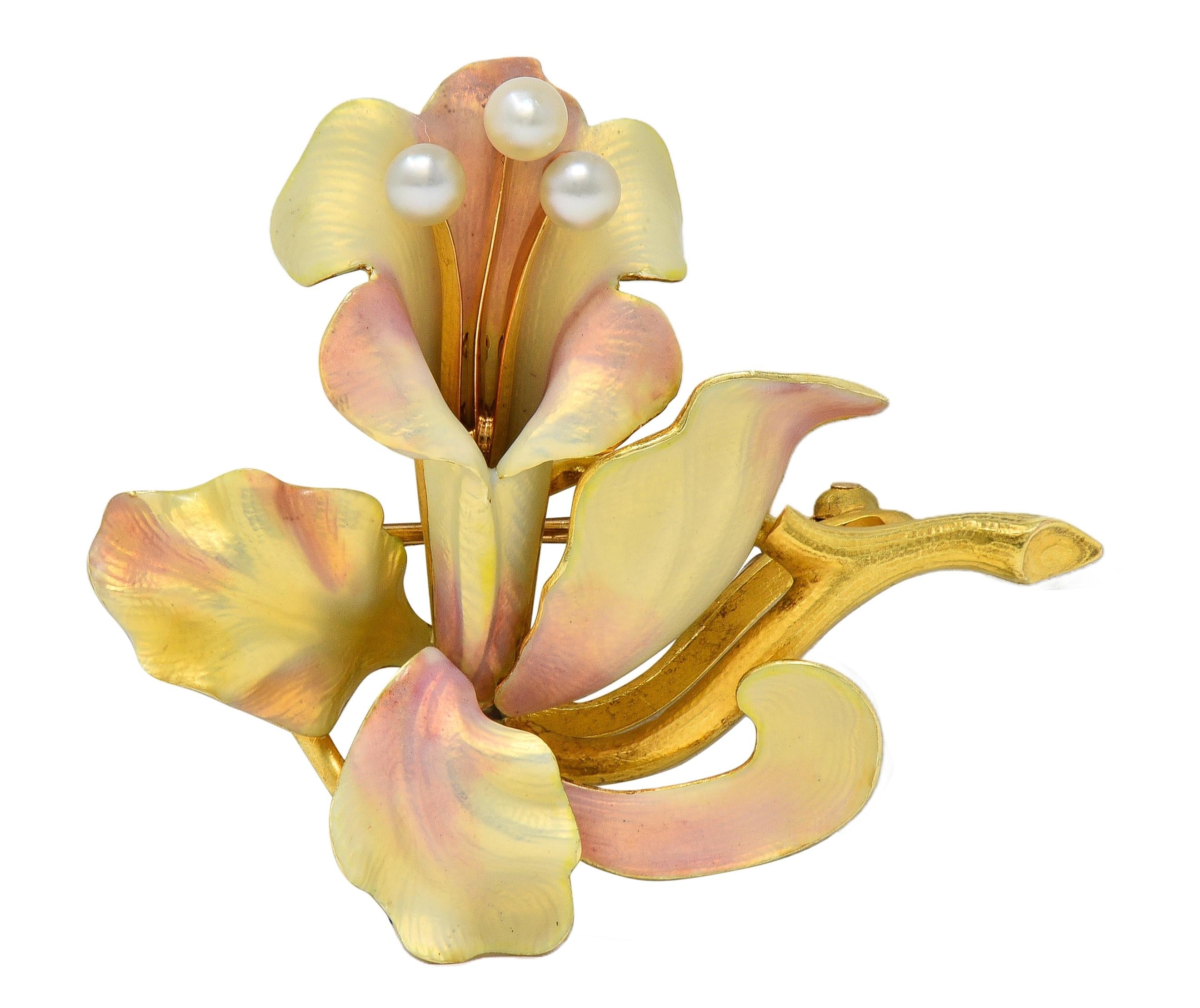Art Nouveau Henry Blank & Co. Enamel 14K Yellow Gold Antique Bellflower Brooch