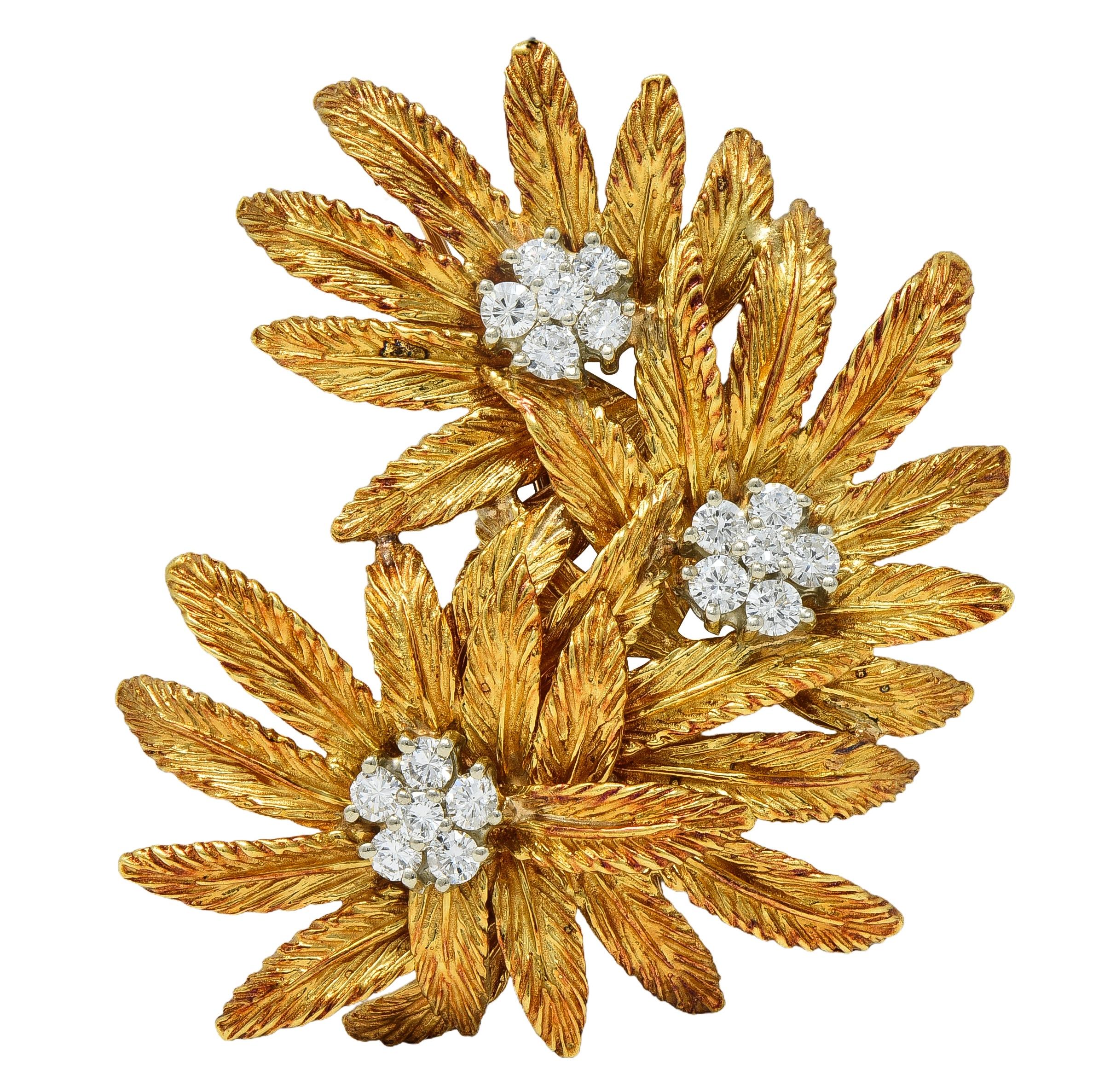 Tiffany & Co. Mid-Century 1.53 CTW Diamond 18 Karat Gold Vintage Flower Brooch