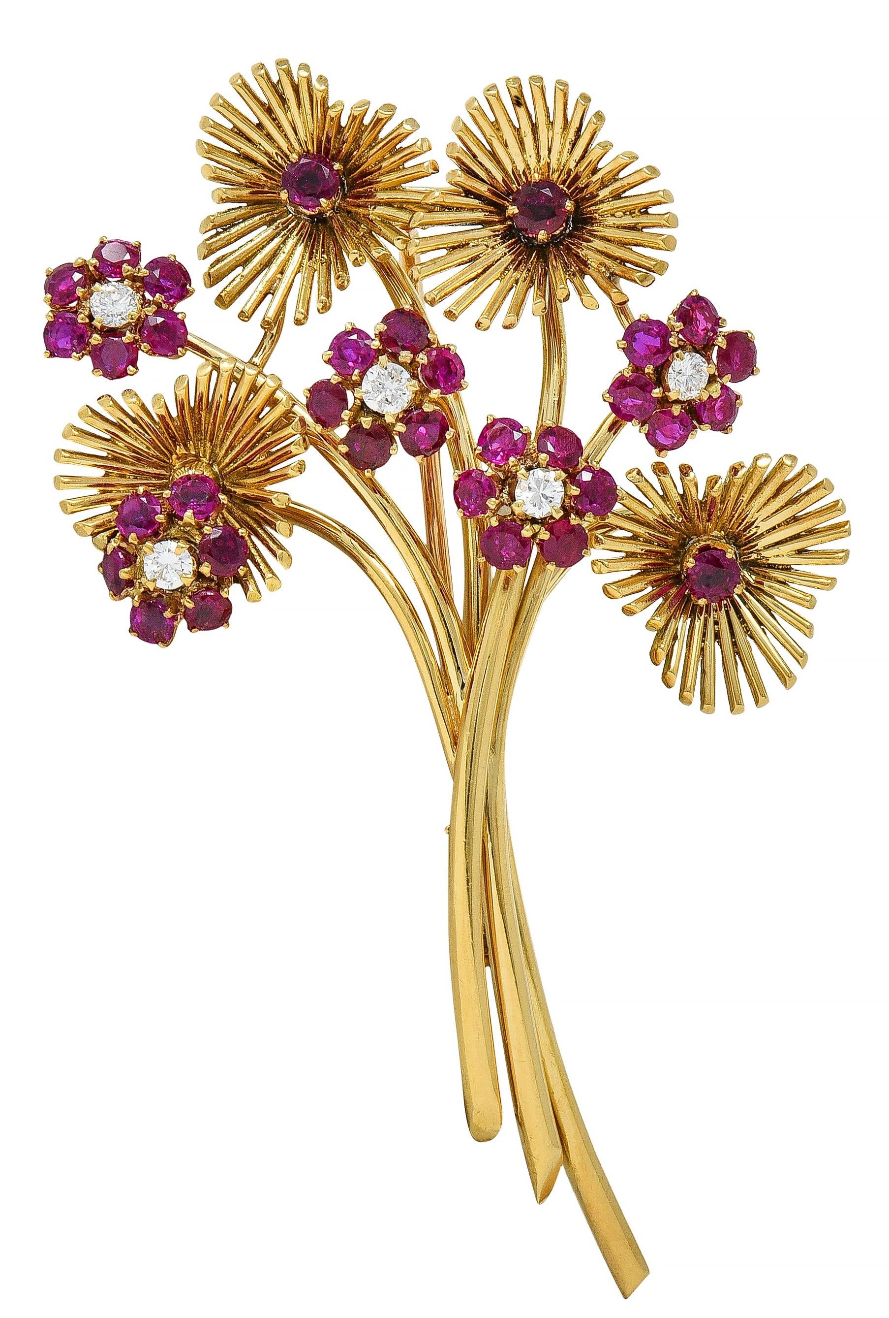 Van Cleef & Arpels French 1940's Diamond Ruby 18K Gold Vintage Bouquet Brooch