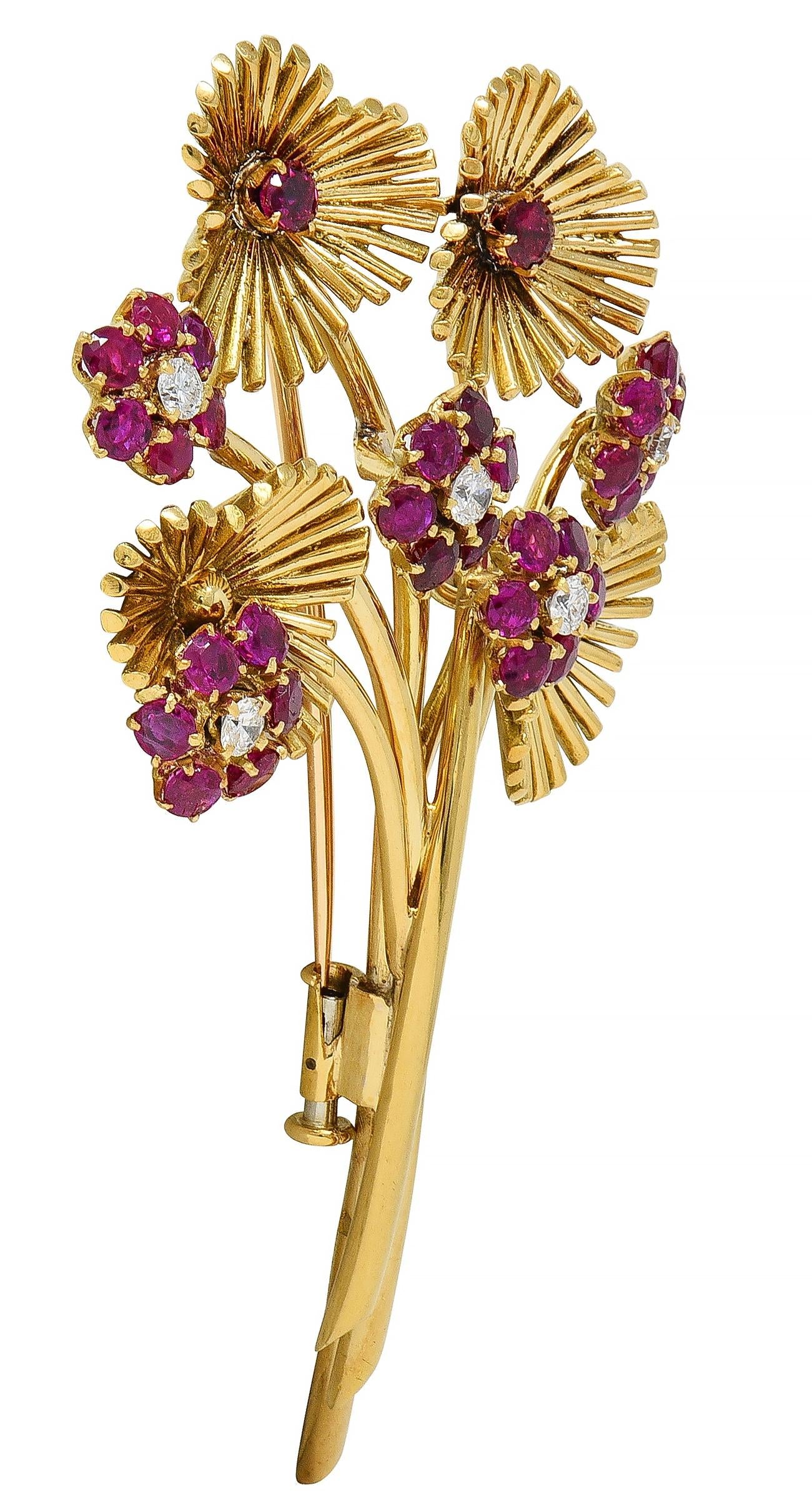 Van Cleef & Arpels French 1940's Diamond Ruby 18K Gold Vintage Bouquet Brooch