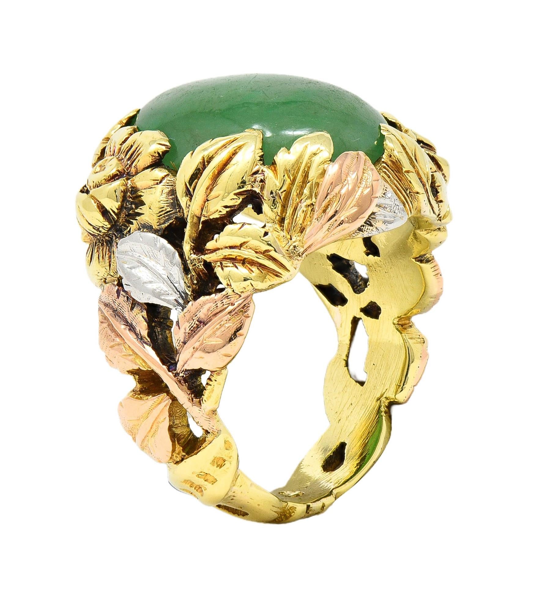 Arts & Crafts Jade Platinum 18 Karat Two-Tone Gold Antique Rose Signet Ring GIA