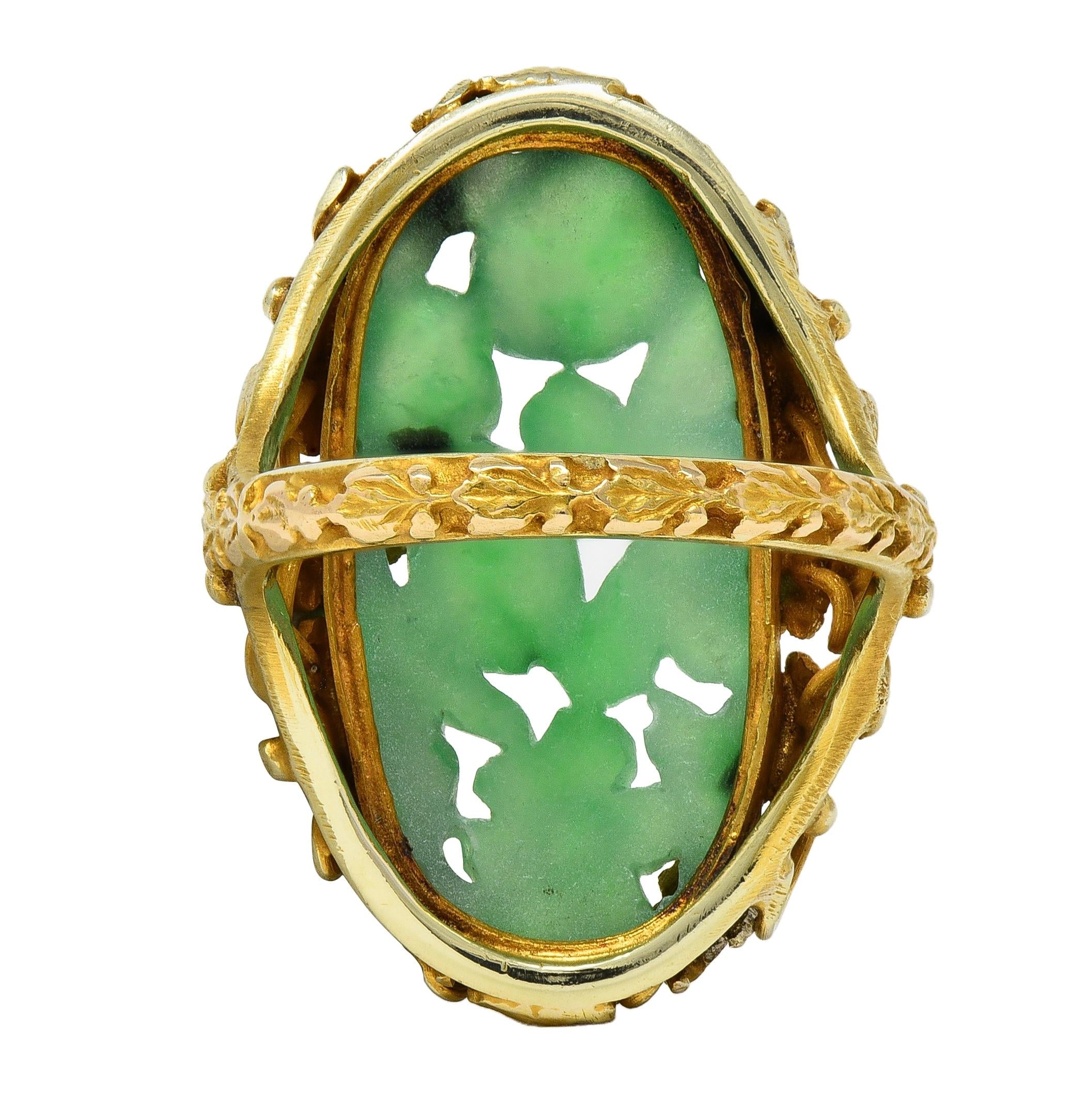 Arts & Crafts Jade 14 Karat Yellow Gold Antique Ivy Fruit Flower Signet Ring