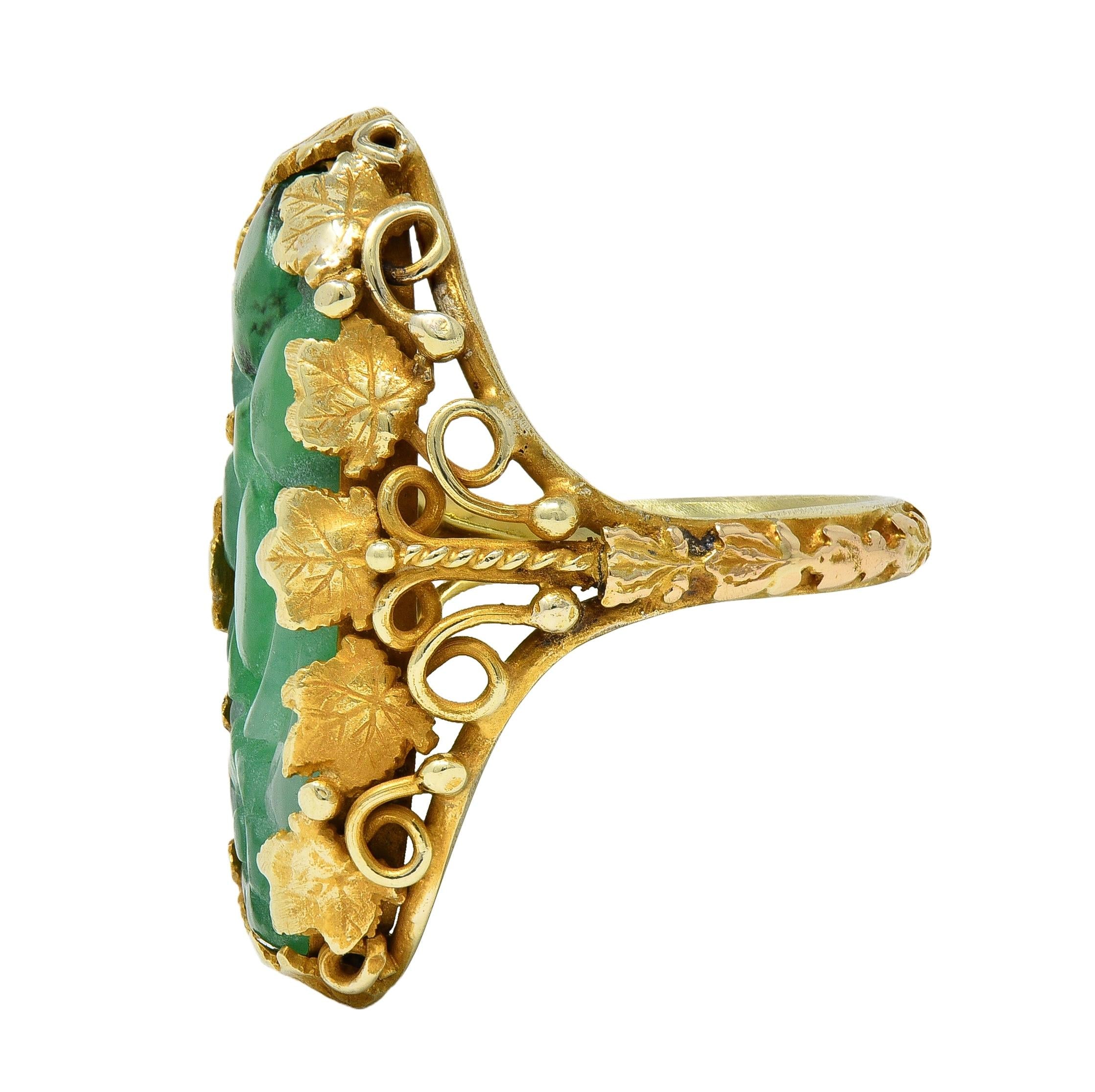 Arts & Crafts Jade 14 Karat Yellow Gold Antique Ivy Fruit Flower Signet Ring