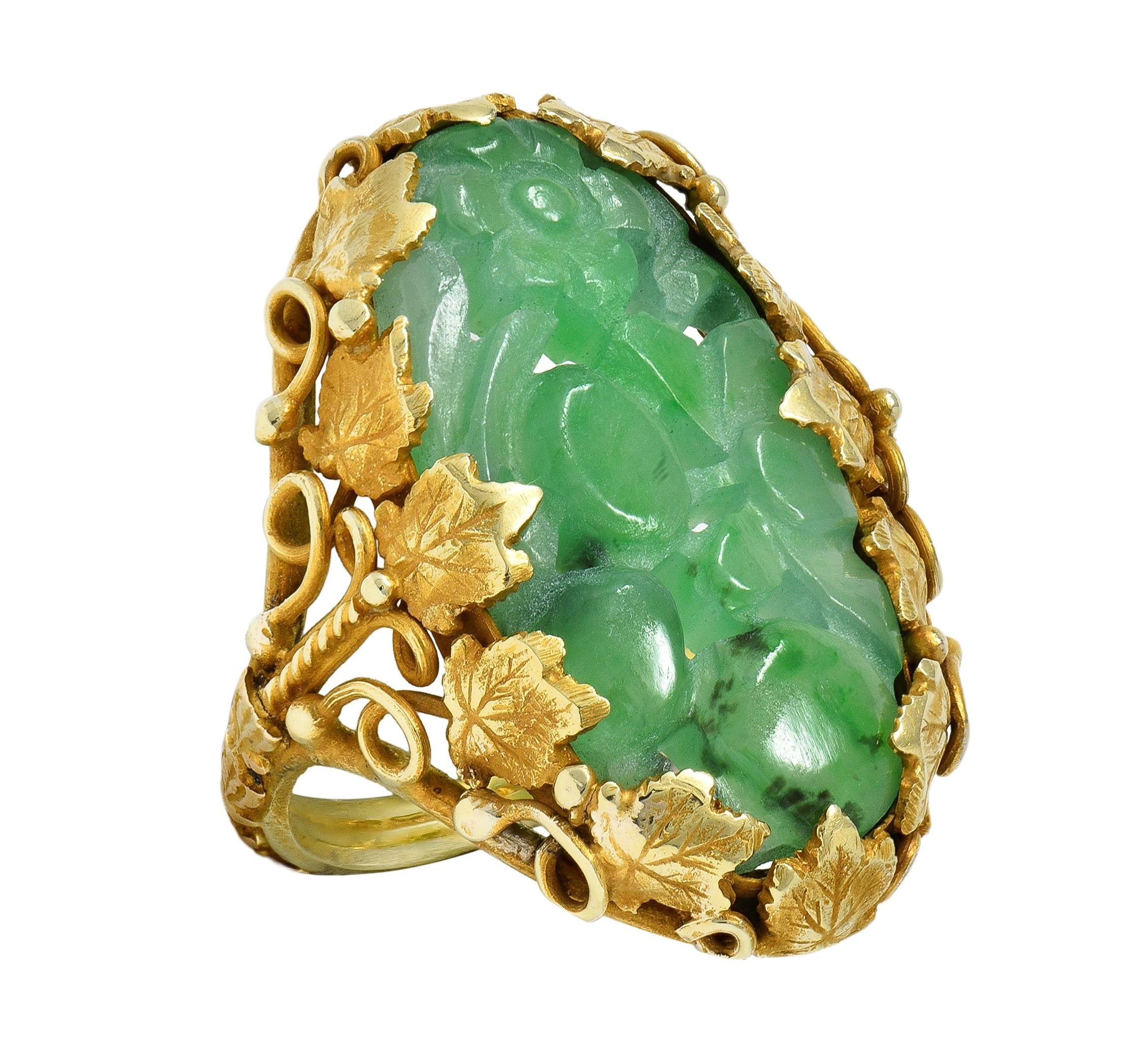 Arts & Crafts Jade 14 Karat Yellow Gold Antique Ivy Fruit Flower Signet Ring