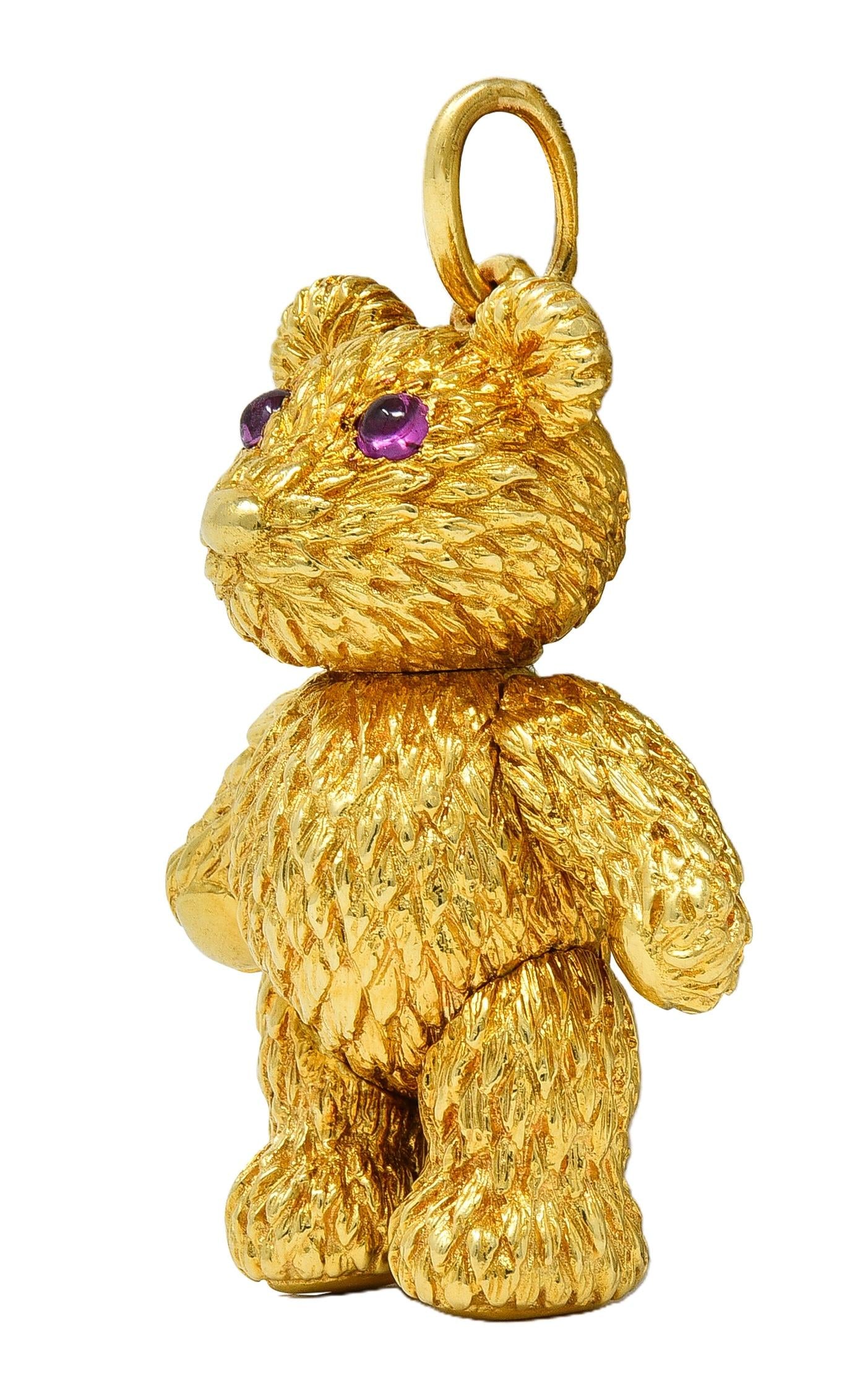 Robert Beilka Ruby 18K Yellow Gold Vintage Articulating Teddy Bear Pendant Charm
