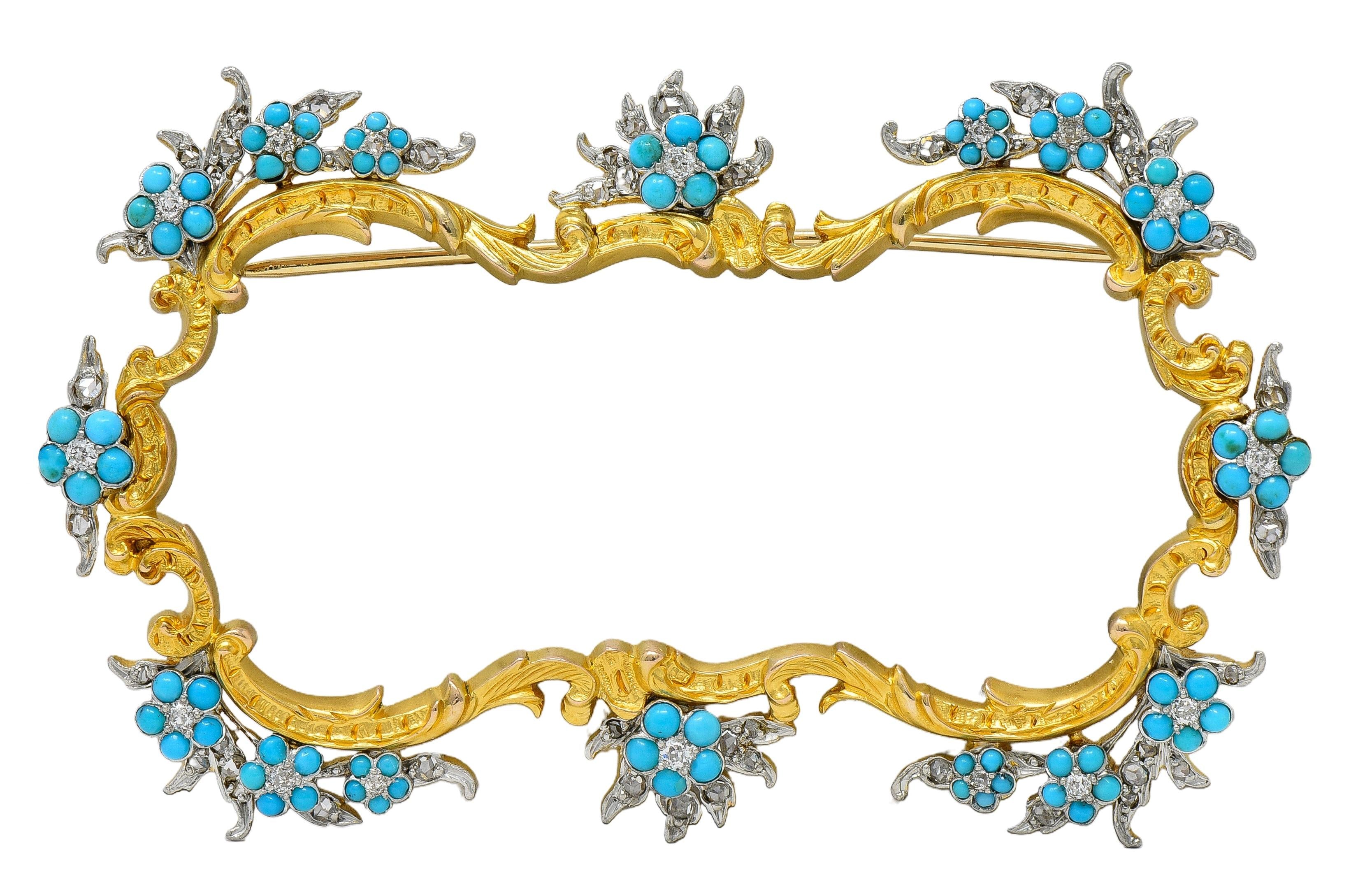 Edwardian Diamond Turquoise Platinum 14 Karat Yellow Gold Antique Floral Brooch