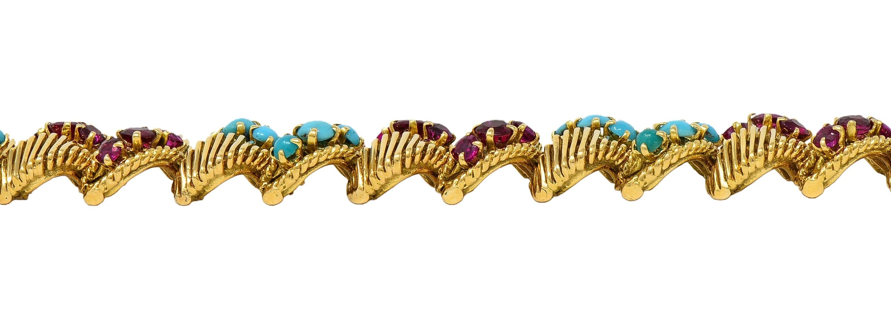 Georges L'Enfant Gubelin 1960 Ruby Turquoise 18K Gold Vintage Wheat Bracelet