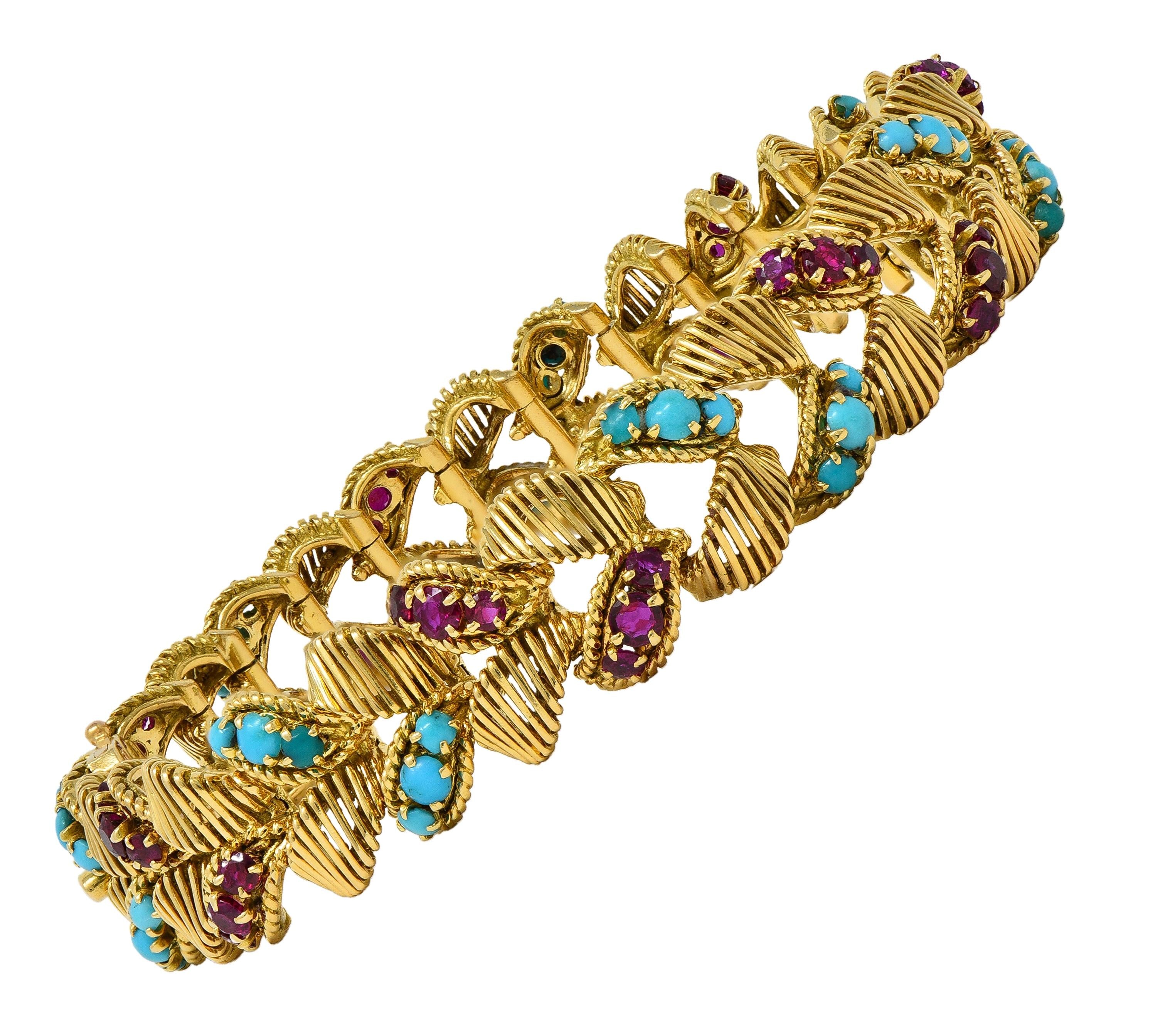 Georges L'Enfant Gubelin 1960 Ruby Turquoise 18K Gold Vintage Wheat Bracelet