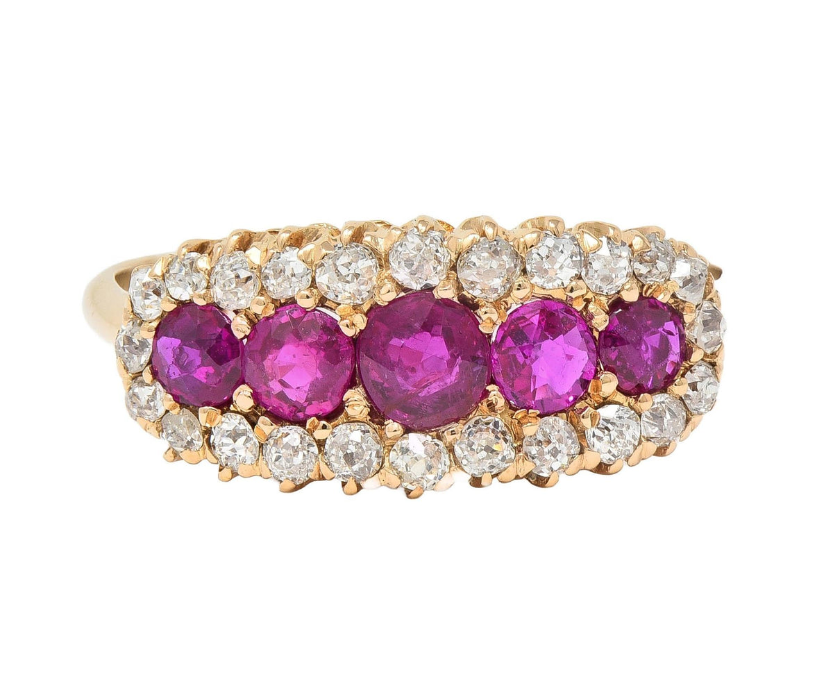 Ruby Diamond Stage Victorian 1.33 CTW Ruby Diamond 14 Karat Yellow Gold Antique Five Ston
