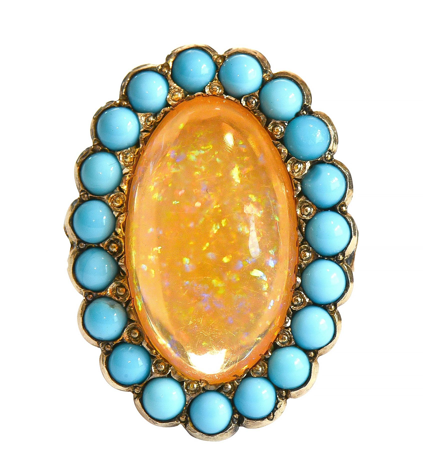 Victorian Jelly Fire Opal Turquoise 14 Karat Yellow Gold Antique Halo Ring