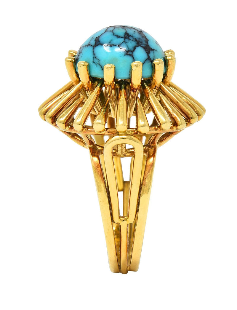 Modernist Turquoise 18 Karat Yellow Gold Basket Vintage Cocktail Ring