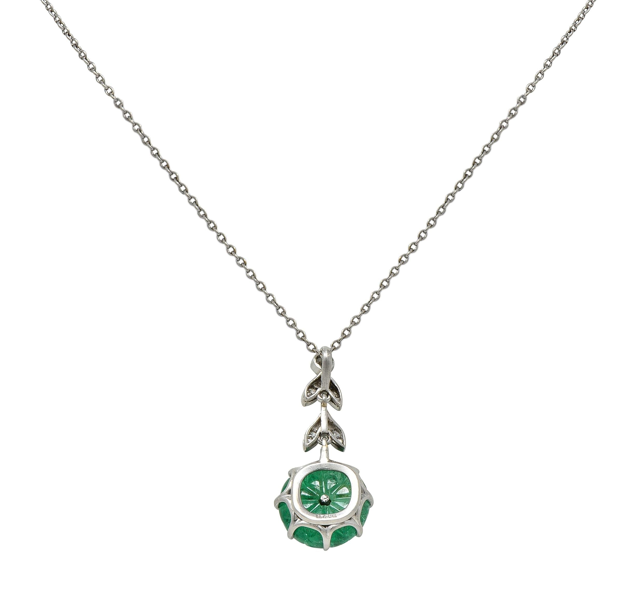 Art Deco Marcus & Co. Emerald Diamond Platinum Vintage Floral Drop Necklace