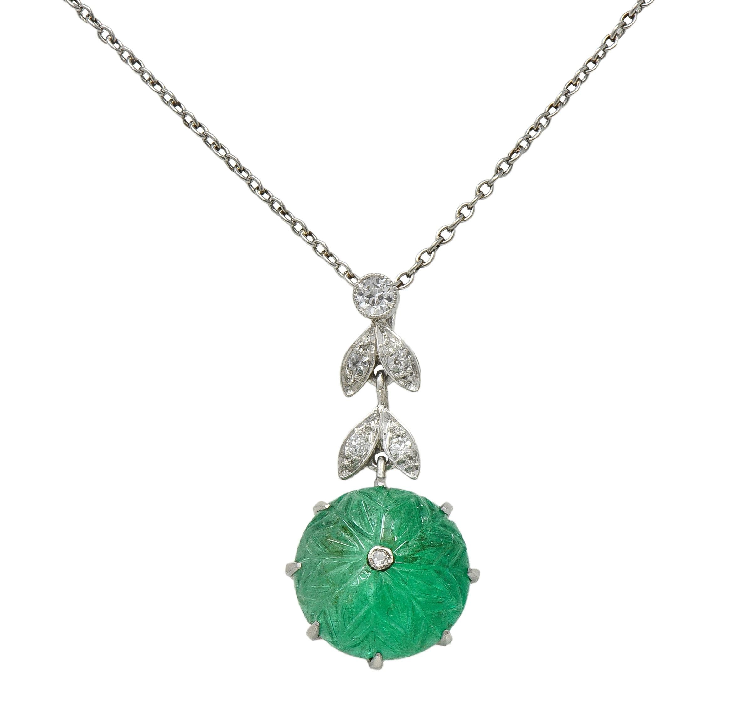 Art Deco Marcus & Co. Emerald Diamond Platinum Vintage Floral Drop Necklace