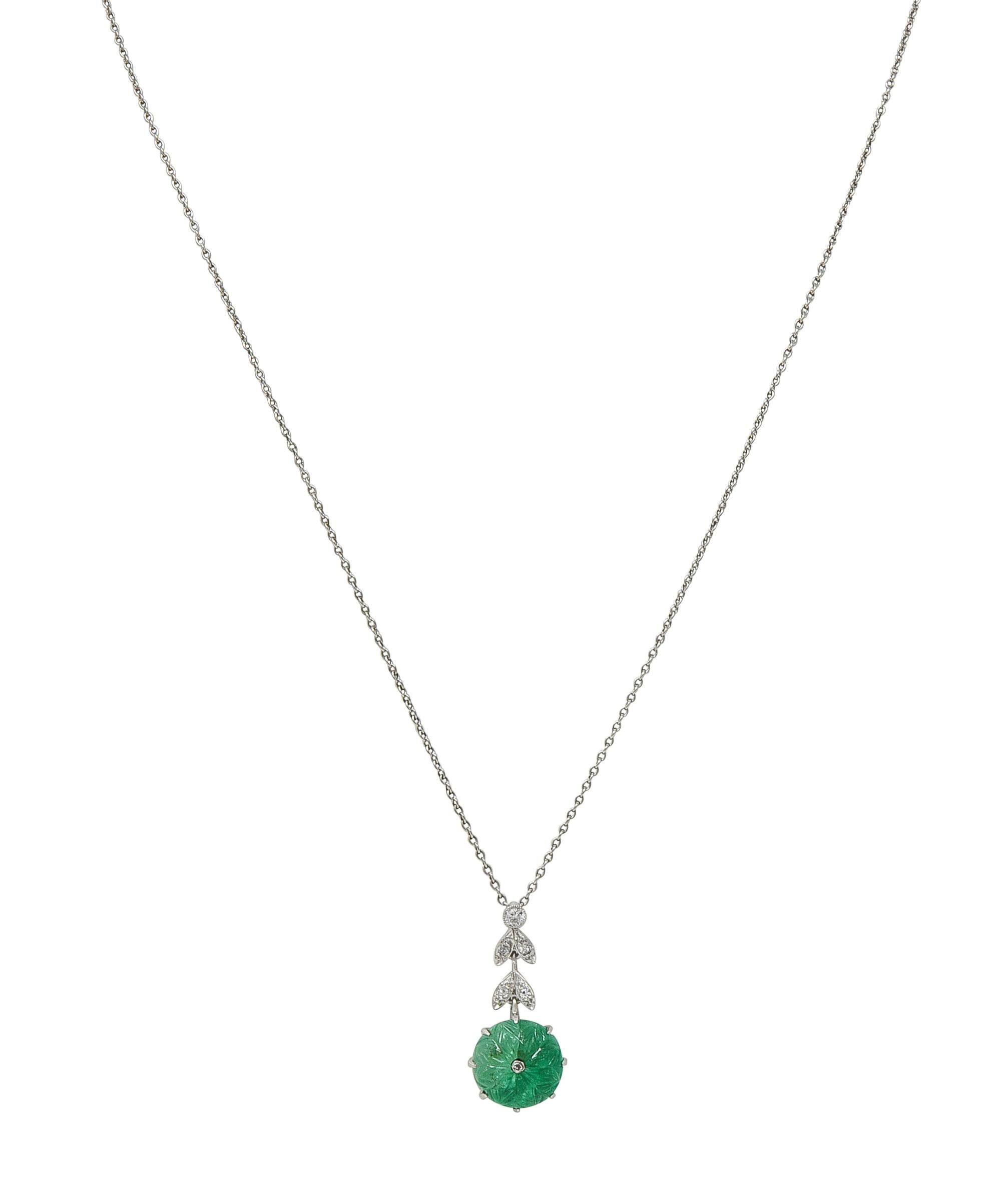Art Deco Marcus & Co. Emerald Diamond Platinum Vintage Floral Drop Necklace