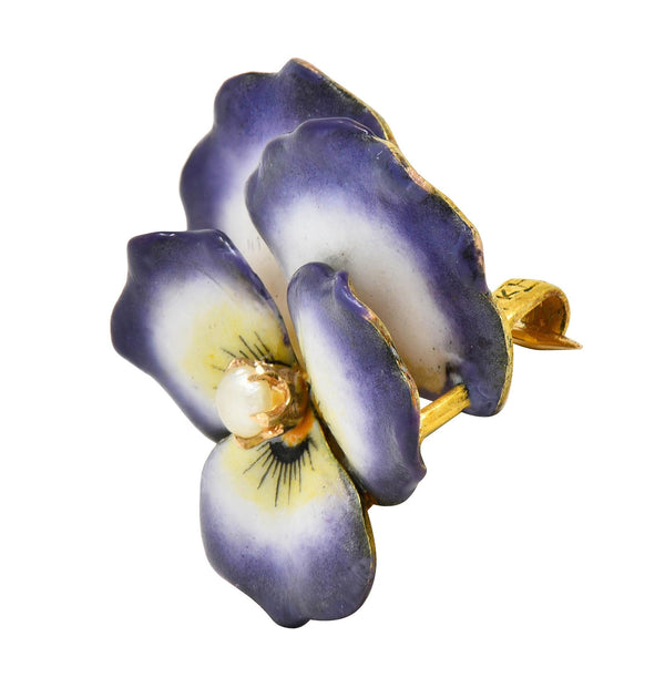 Art Nouveau Enamel Pearl 10 Karat Gold Antique Pansy Flower Pendant Brooch