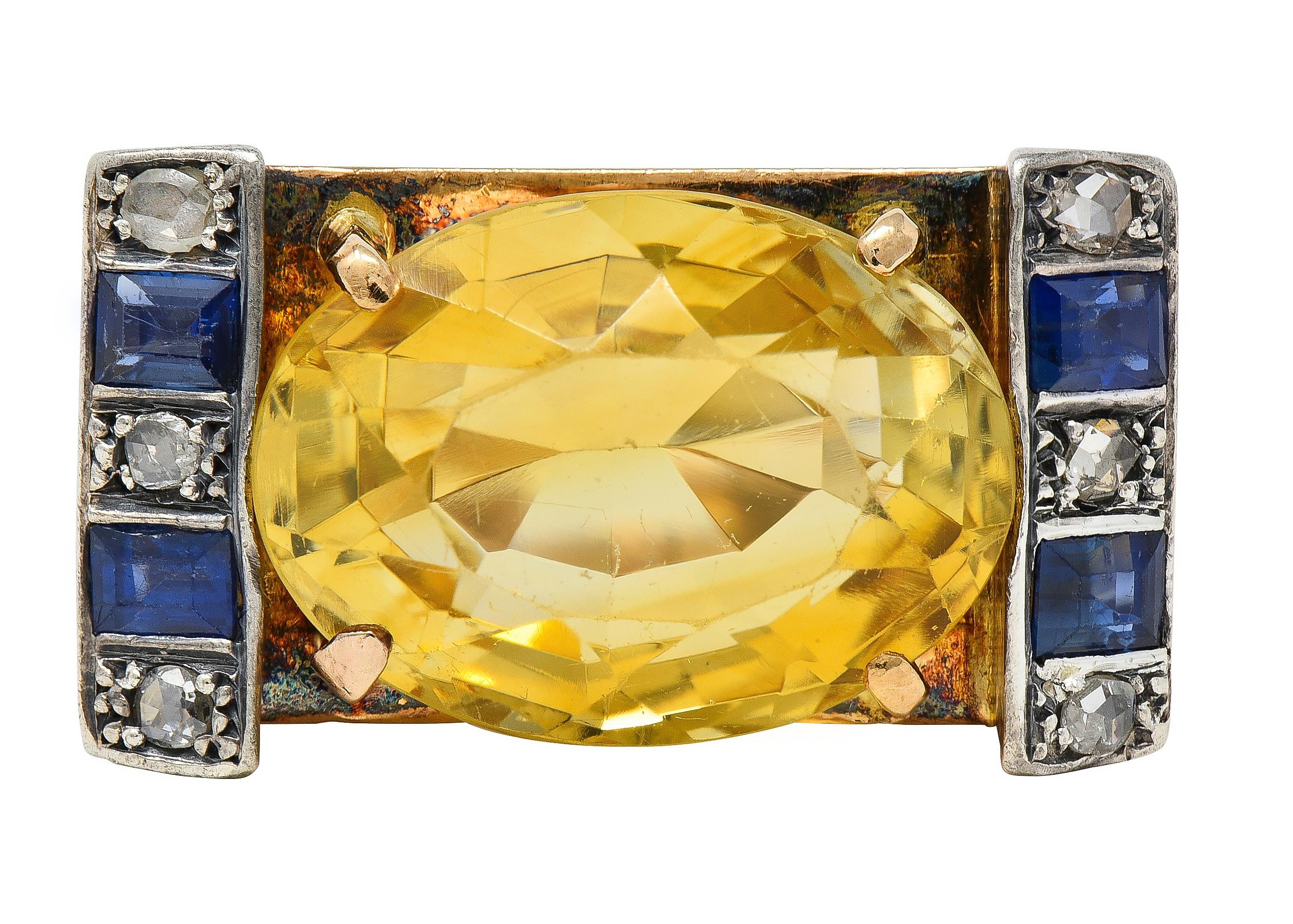 Retro Citrine Sapphire Diamond Silver 18 Karat Gold Vintage Cocktail Ring