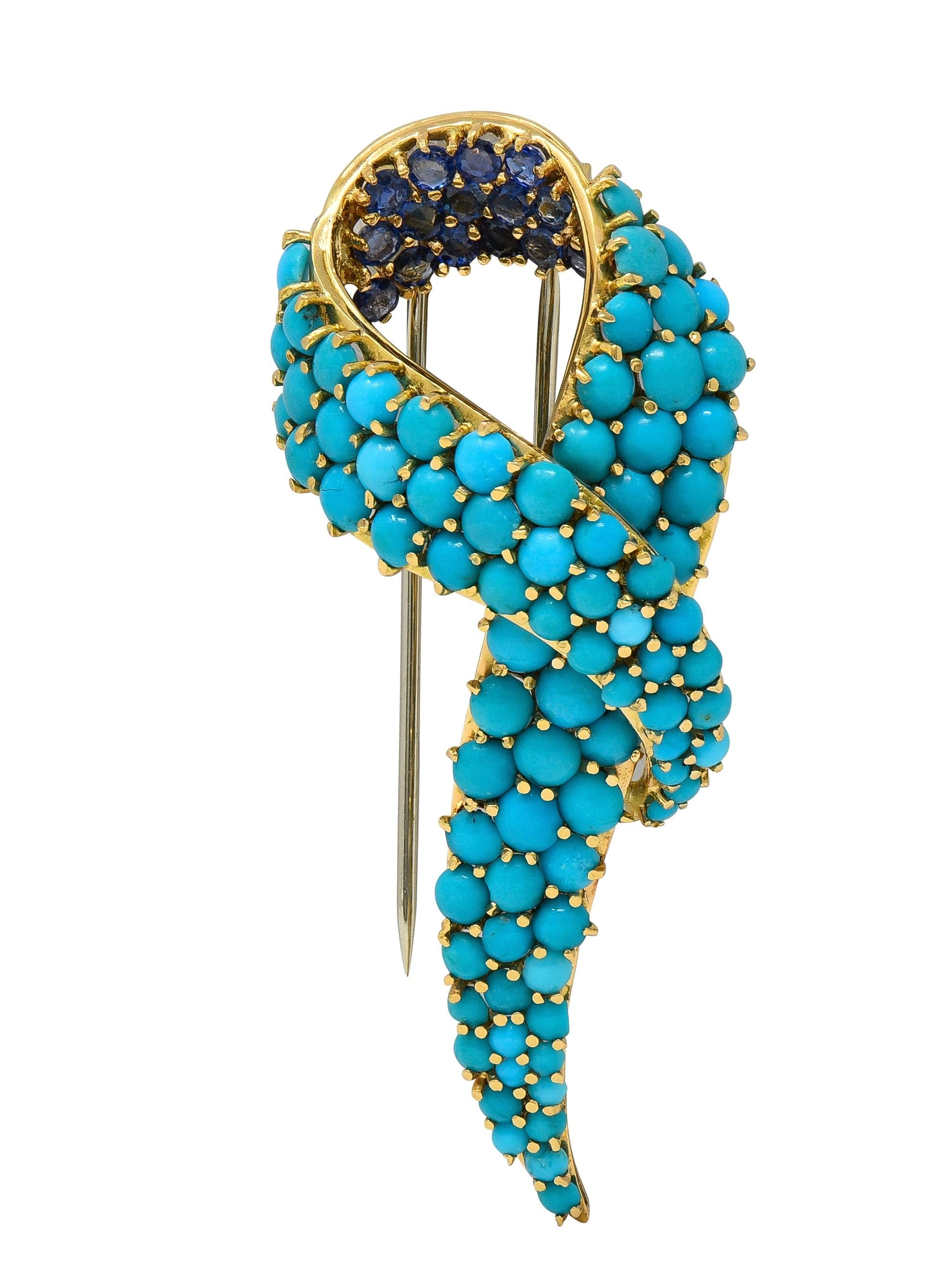 1960's Sapphire Turquoise 18 Karat Yellow Gold Vintage Ribbon Brooch