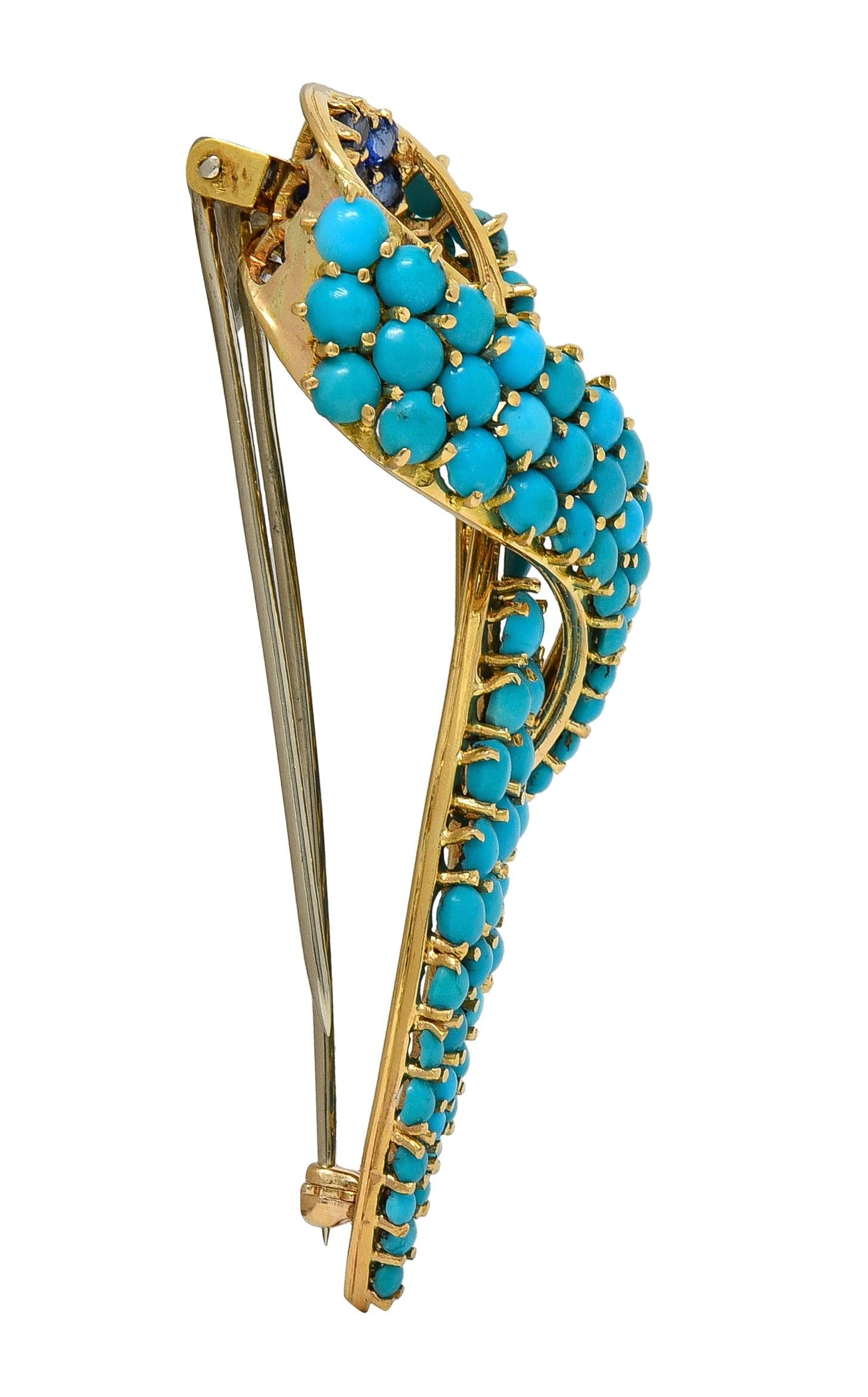 1960's Sapphire Turquoise 18 Karat Yellow Gold Vintage Ribbon Brooch