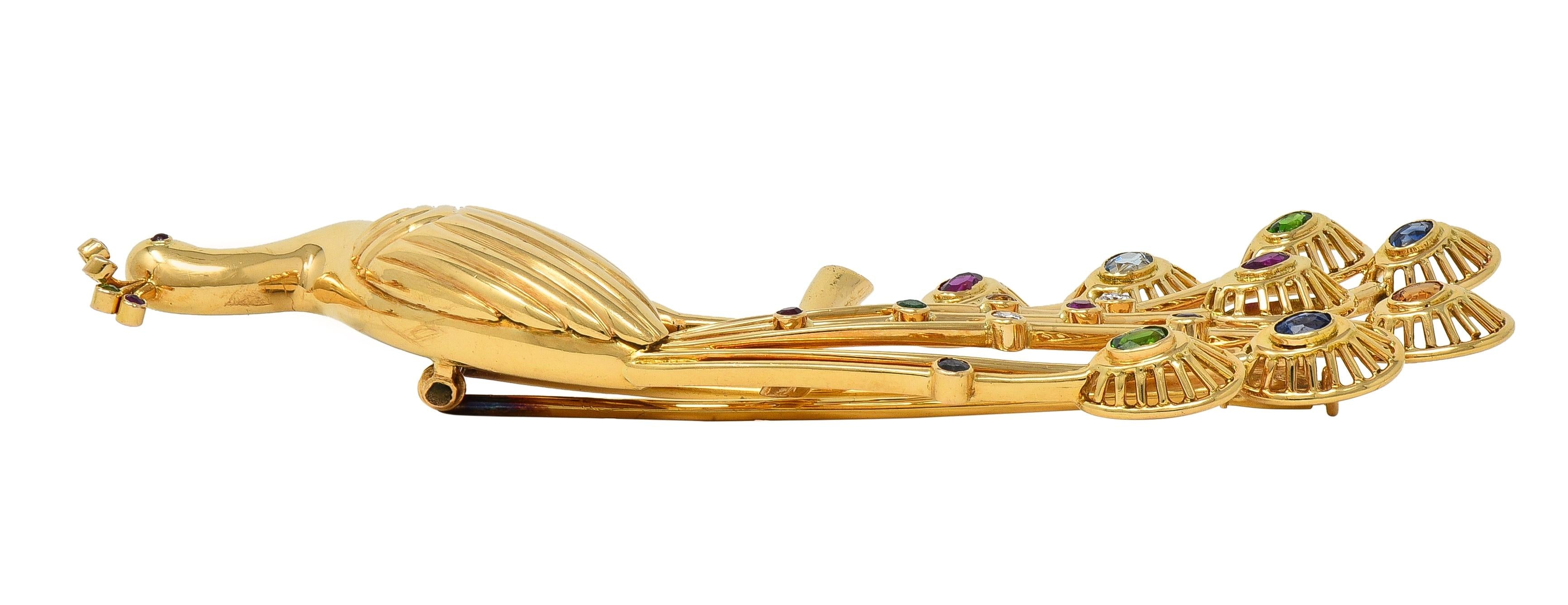1950's French Multi-Gem Ruby Diamond 18 Karat Yellow Gold Vintage Peacock Brooch