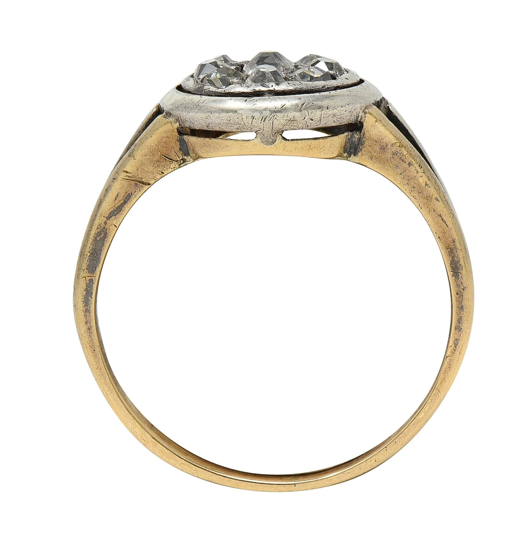 Victorian Old Mine Cut Diamond 14 Karat Yellow Gold Silver Antique Cluster Ring