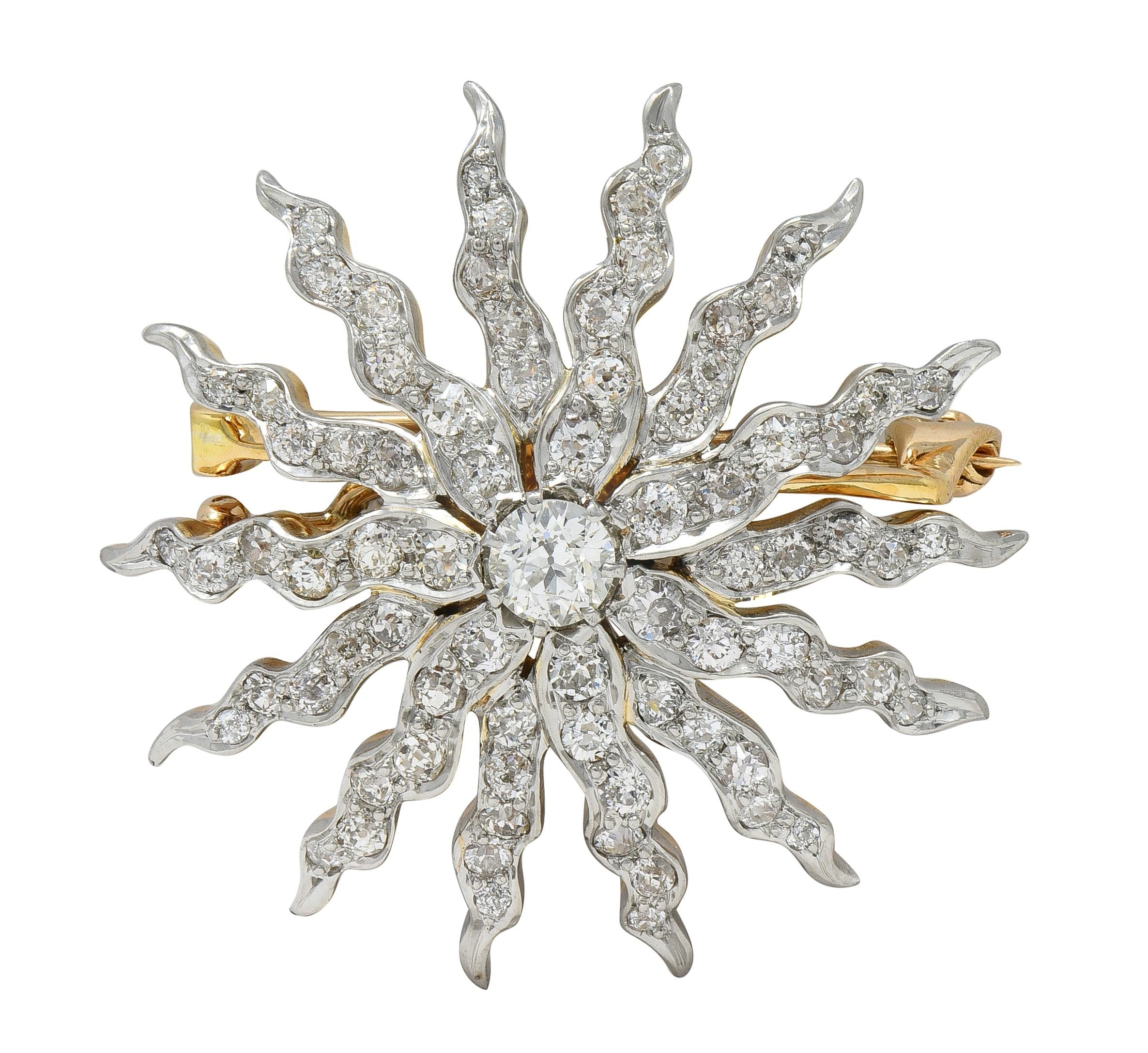 Victorian 3.62 CTW Diamond Platinum 14K Gold Antique Starburst Pendant Brooch