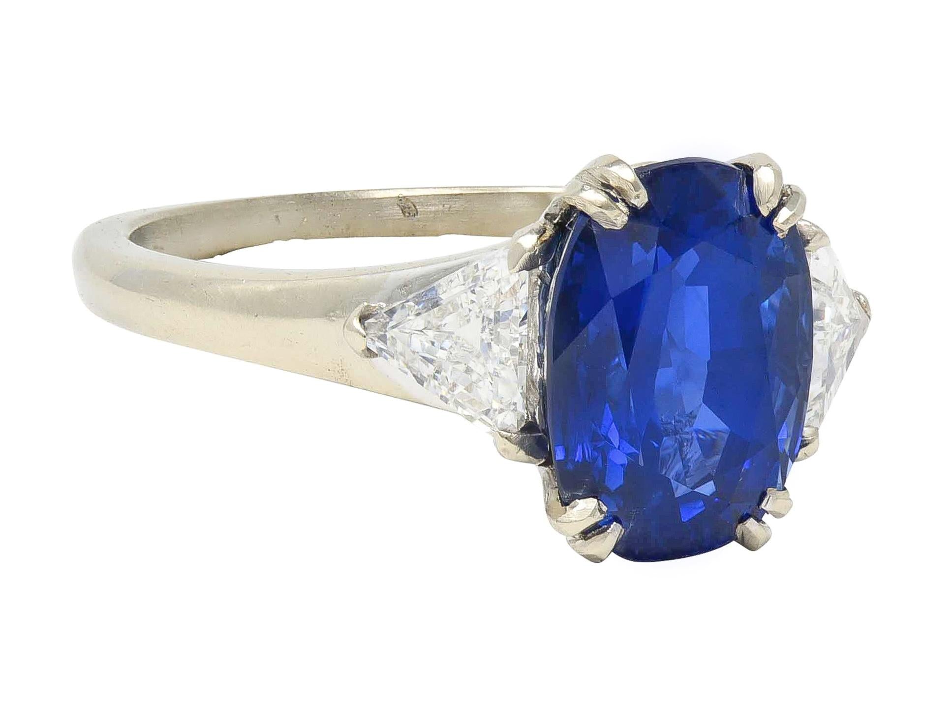 Mid-Century French 3.33 CTW Sapphire Diamond 18K Gold Vintage Three Stone Ring