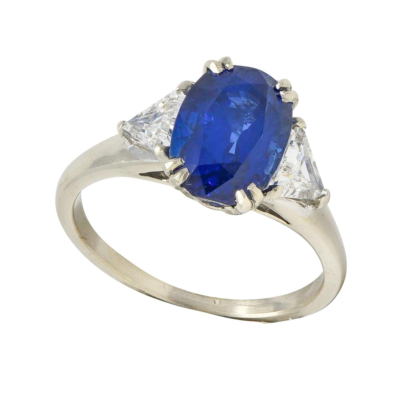 Mid-Century French 3.33 CTW Sapphire Diamond 18K Gold Vintage Three Stone Ring