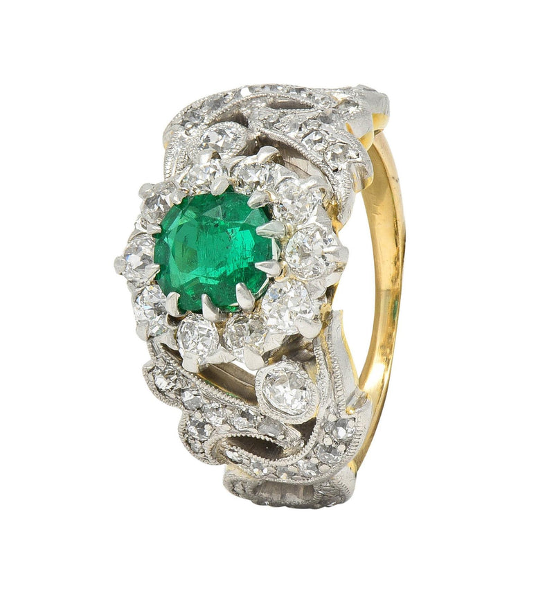 Edwardian 1.85 CTW Emerald Diamond Platinum 14 Karat Gold Antique Halo Ring