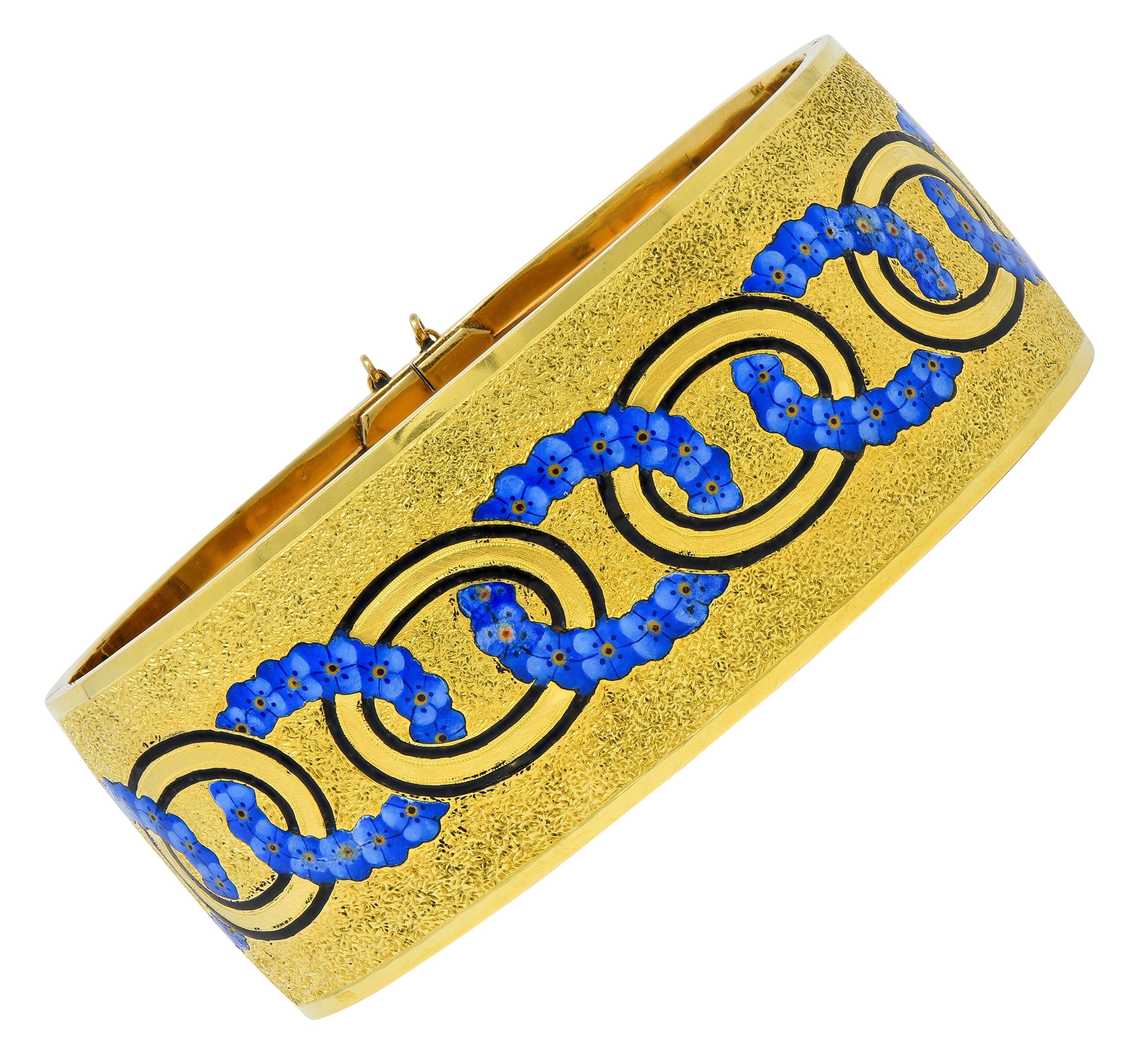 Victorian Enamel 18 Karat Yellow Gold Antique Forget-Me-Not Bangle Bracelet