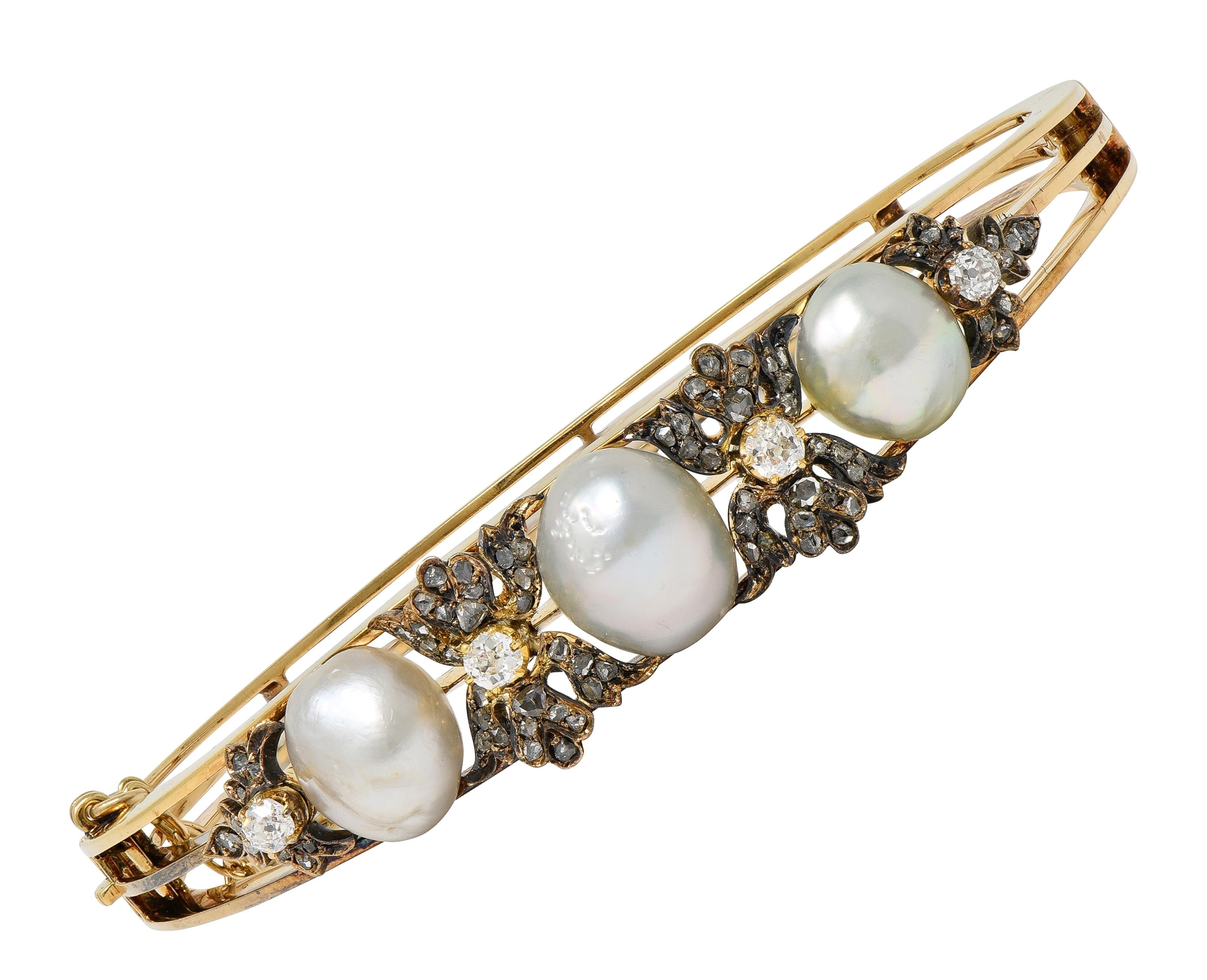 Victorian Diamond Pearl 14 Karat Yellow Gold Silver Antique Bangle Bracelet