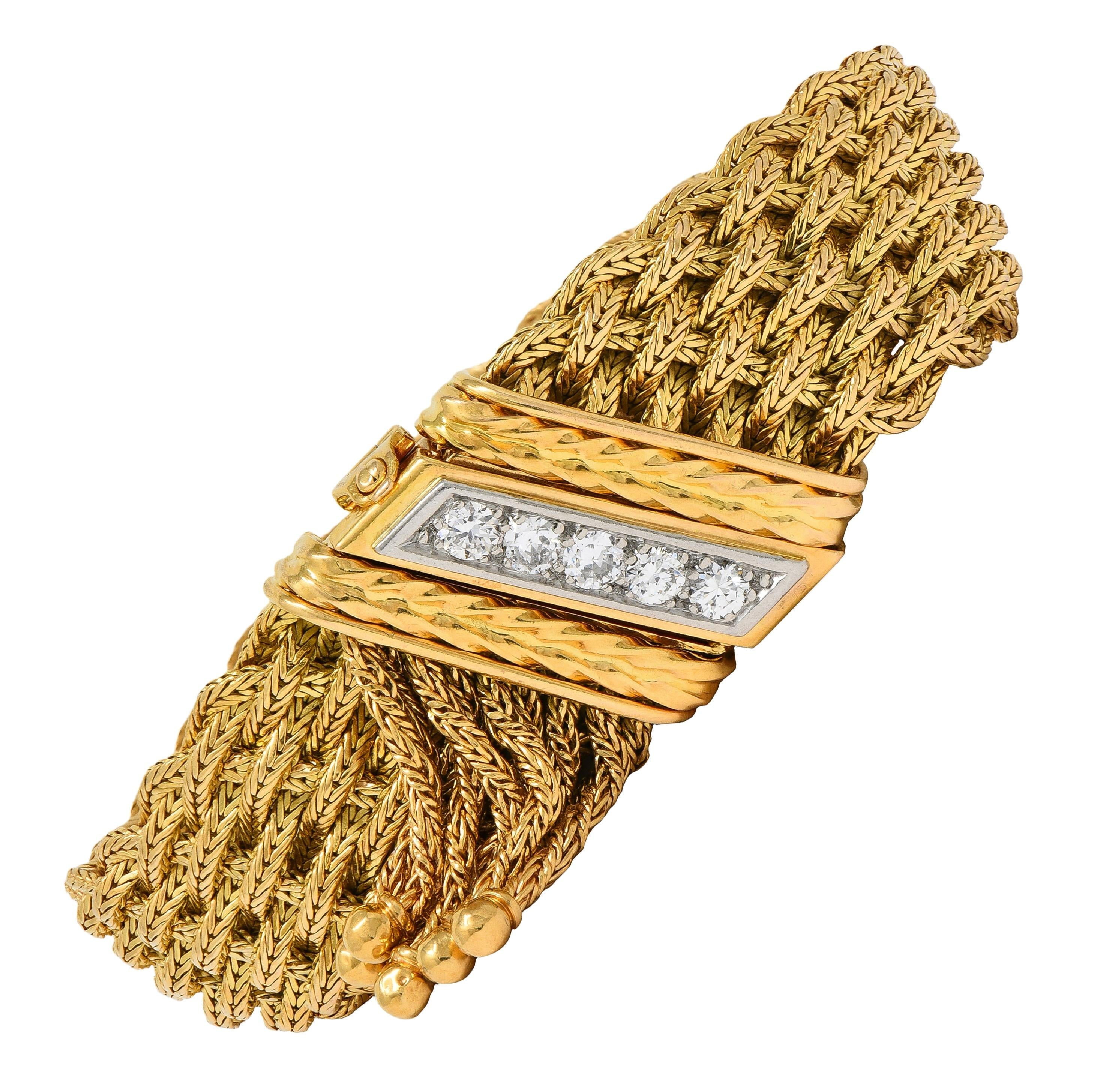 Mid-Century French Diamond Platinum 18 Karat Yellow Gold Woven Tassel Bracelet