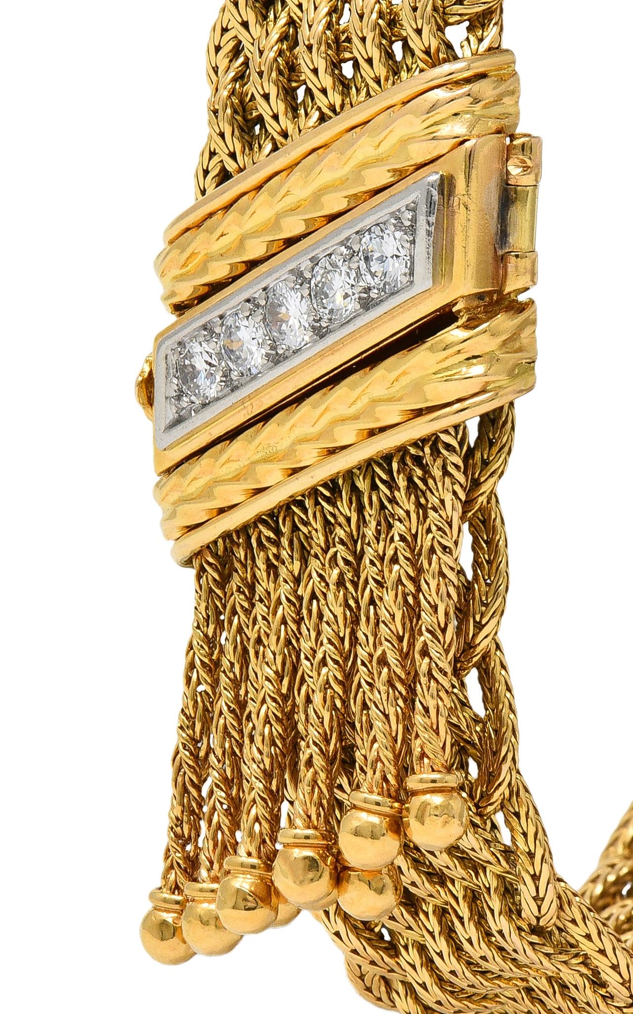 Mid-Century French Diamond Platinum 18 Karat Yellow Gold Woven Tassel Bracelet
