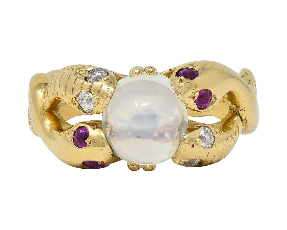 Victorian Ruby Diamond Moonstone Cabochon 14 Karat Yellow Gold Antique