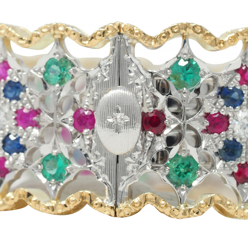 Buccellati Diamond Ruby Sapphire Emerald 18 Karat Two-Tone Gold Vintage Bracelet