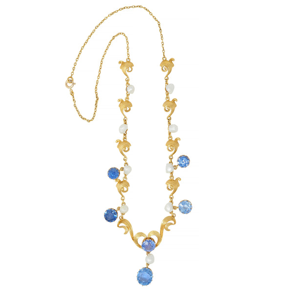 Art Nouveau No Heat Ceylon Sapphire Pearl 14 Karat Gold Antique Heart Necklace