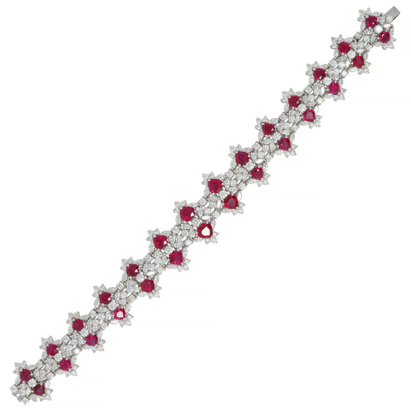 Contemporary 26.45 CTW Heart Cut Ruby Diamond 18 Karat Gold Cluster Bracelet