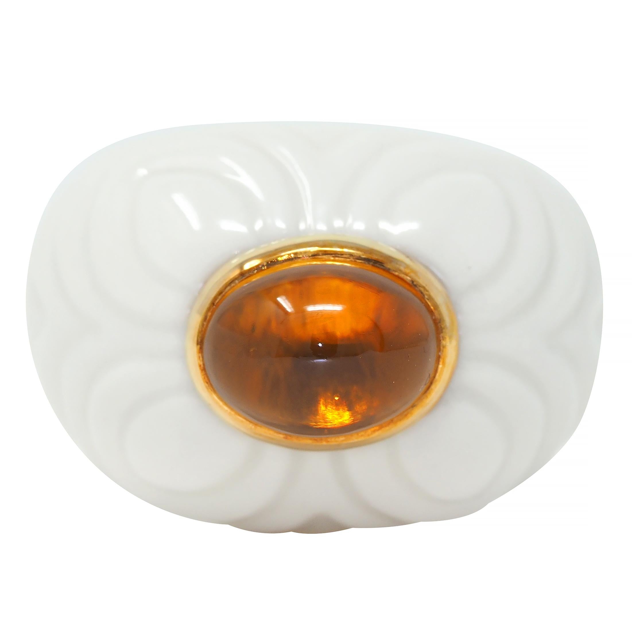 Bulgari 1990's Citrine Porcelain Ceramic 18 Karat Gold Chandra Vintage Ring