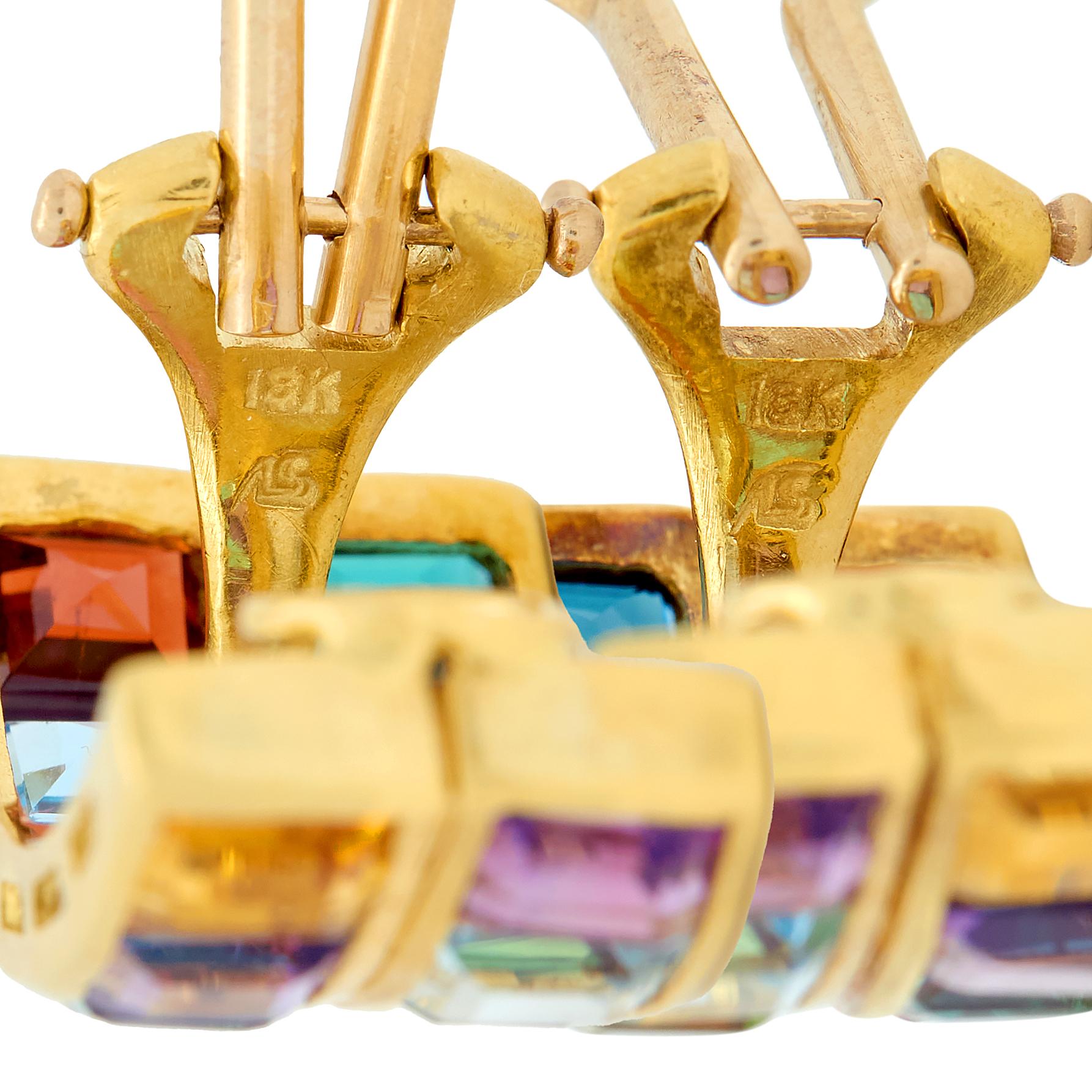 Contemporary Multi-Gem 18 Karat Yellow Gold Rainbow J-Hoop Ear-Clip Earrings