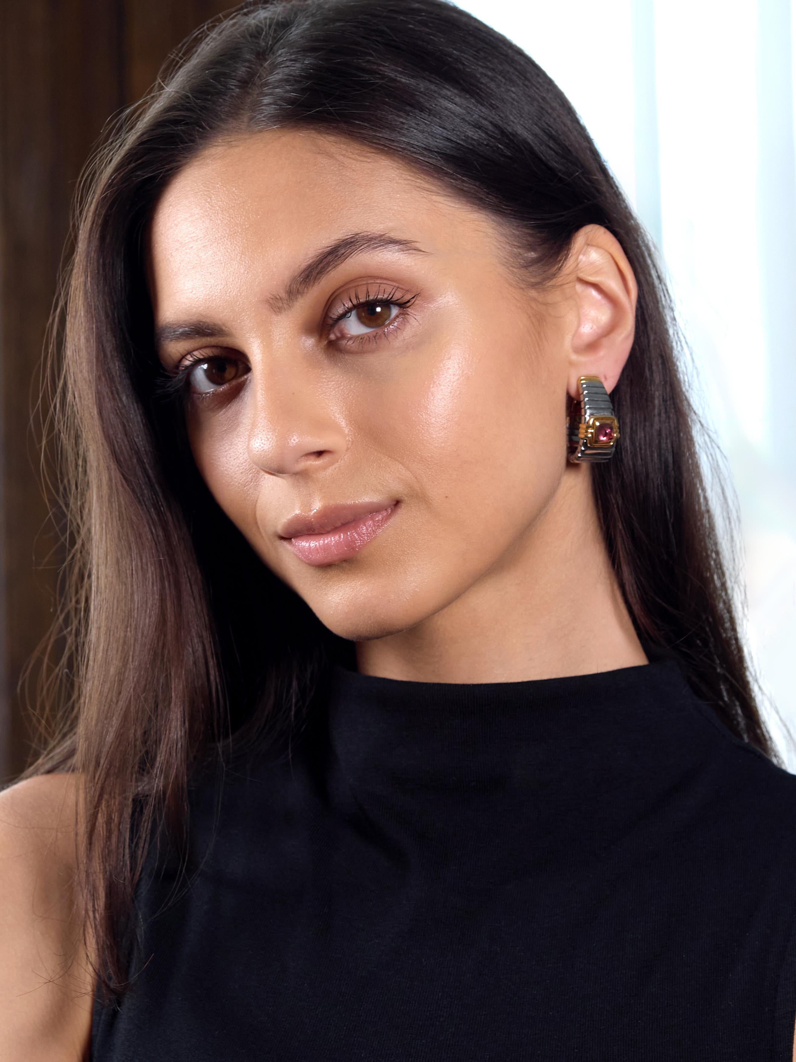 Bulgari 1980's Tourmaline 18K Gold Steel Vintage Tubogas Ear-Clip Earrings