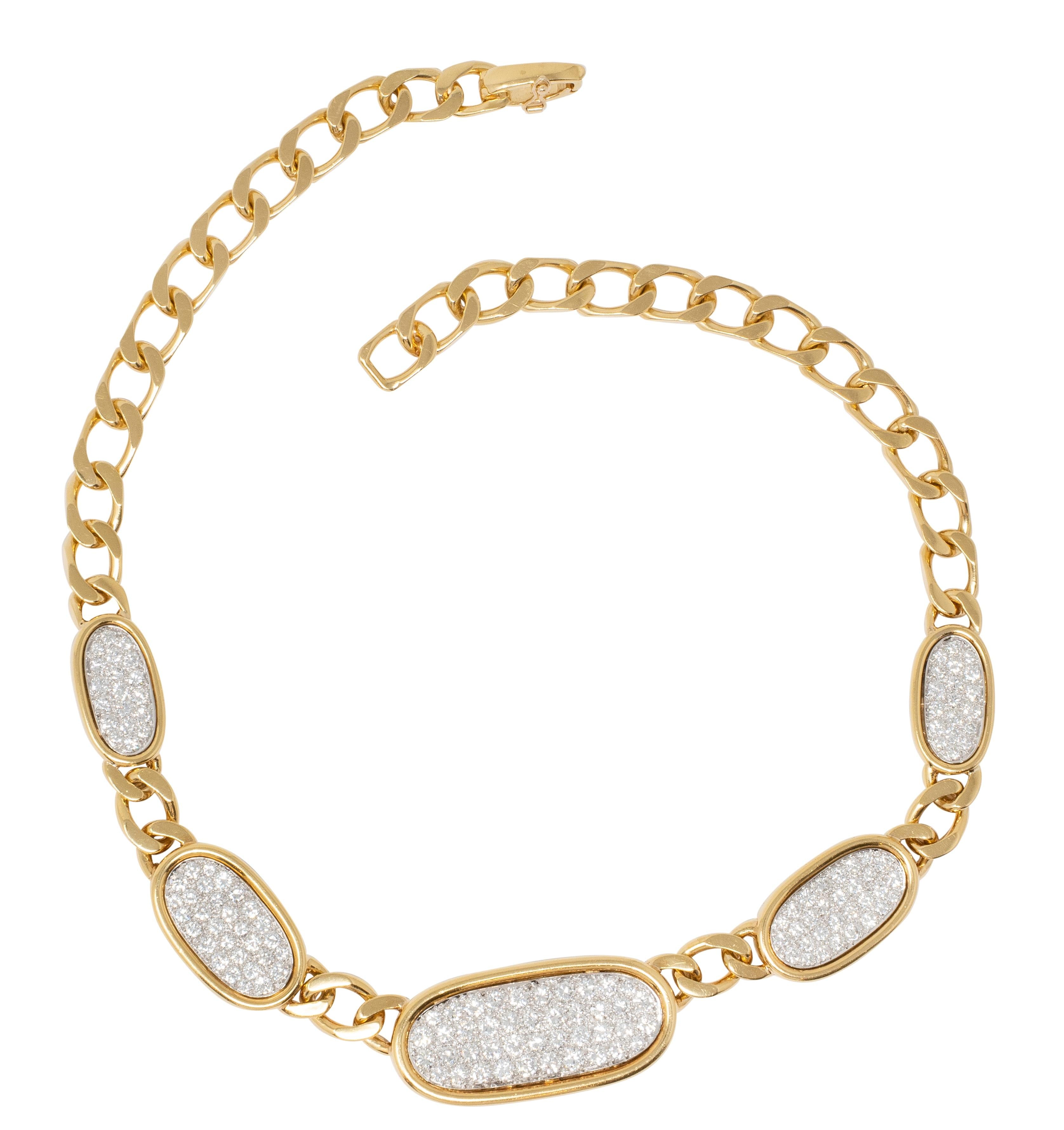David Webb 1980's Diamond 18K Yellow Gold Platinum Vintage Pavé Station Necklace