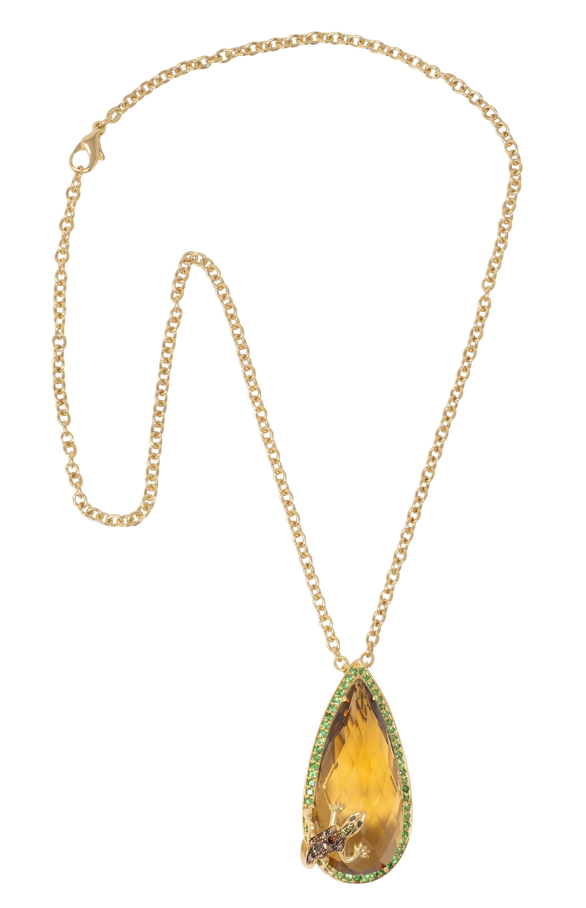 Citrine Demantoid Garnet Diamond 18K Gold Contemporary Lizard Pendant Necklace