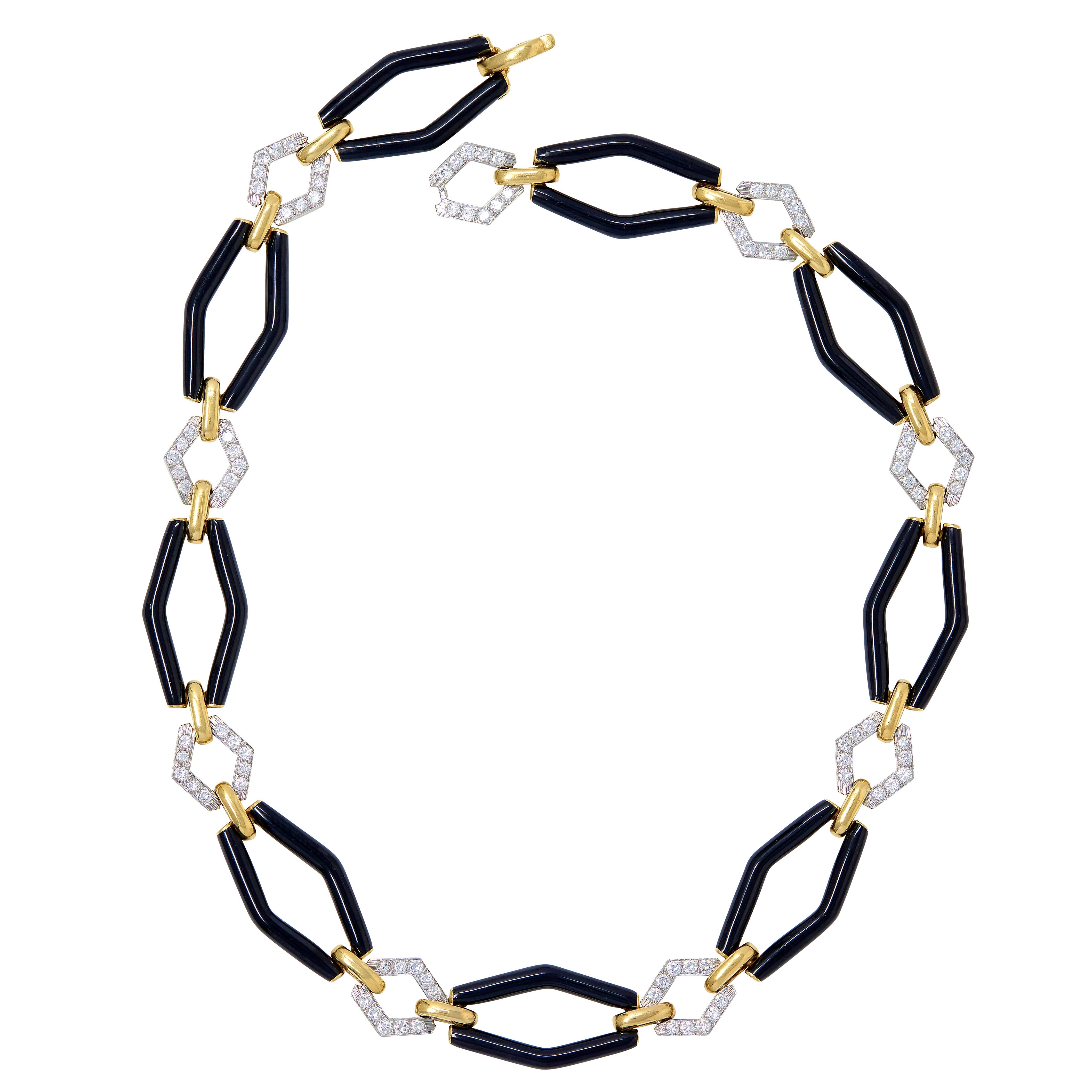 David Webb 1980's Diamond Enamel 18K Yellow Gold Platinum Vintage Link Necklace