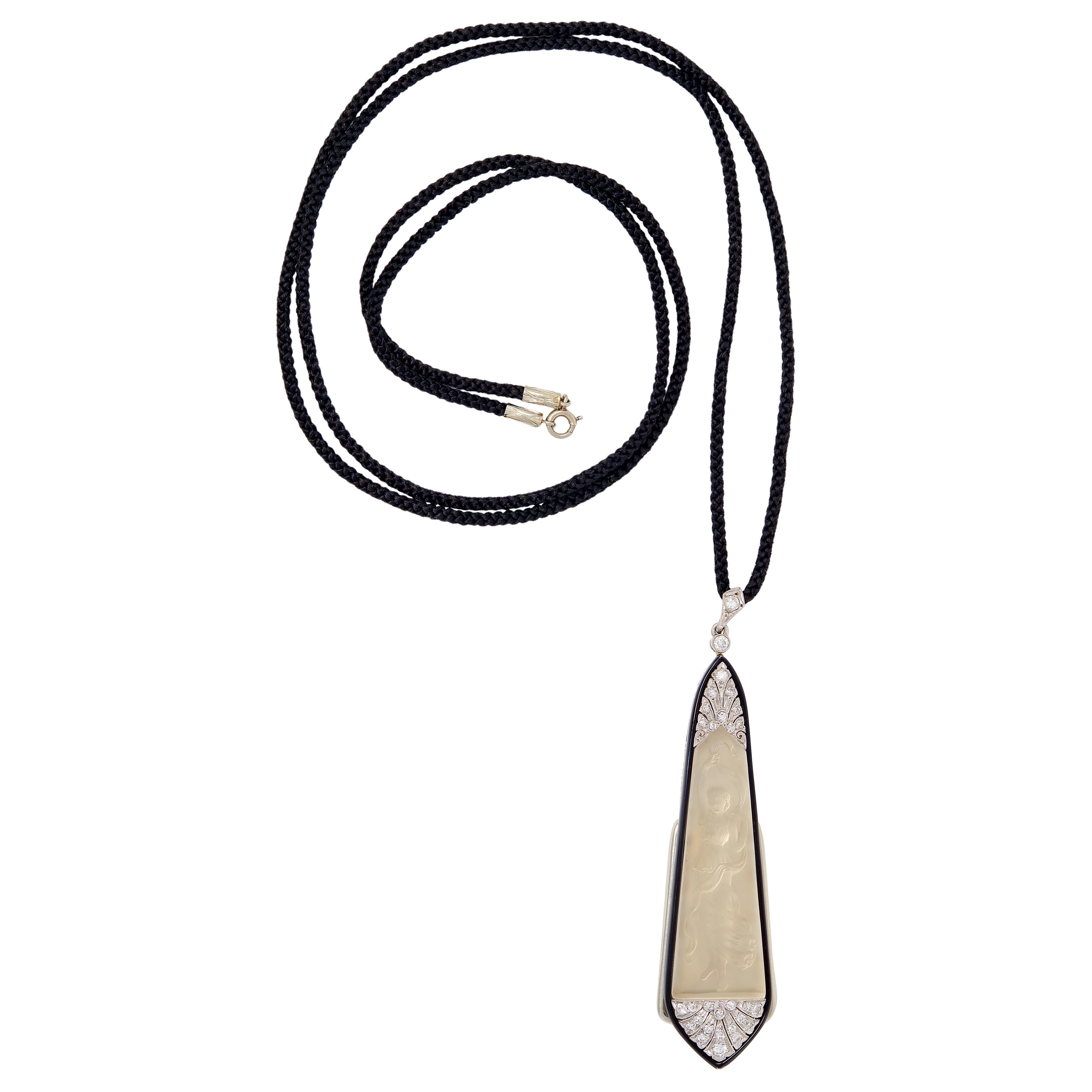 Art Deco Diamond Quartz Platinum 18K Gold Vintage Lorgnette Pendant Necklace