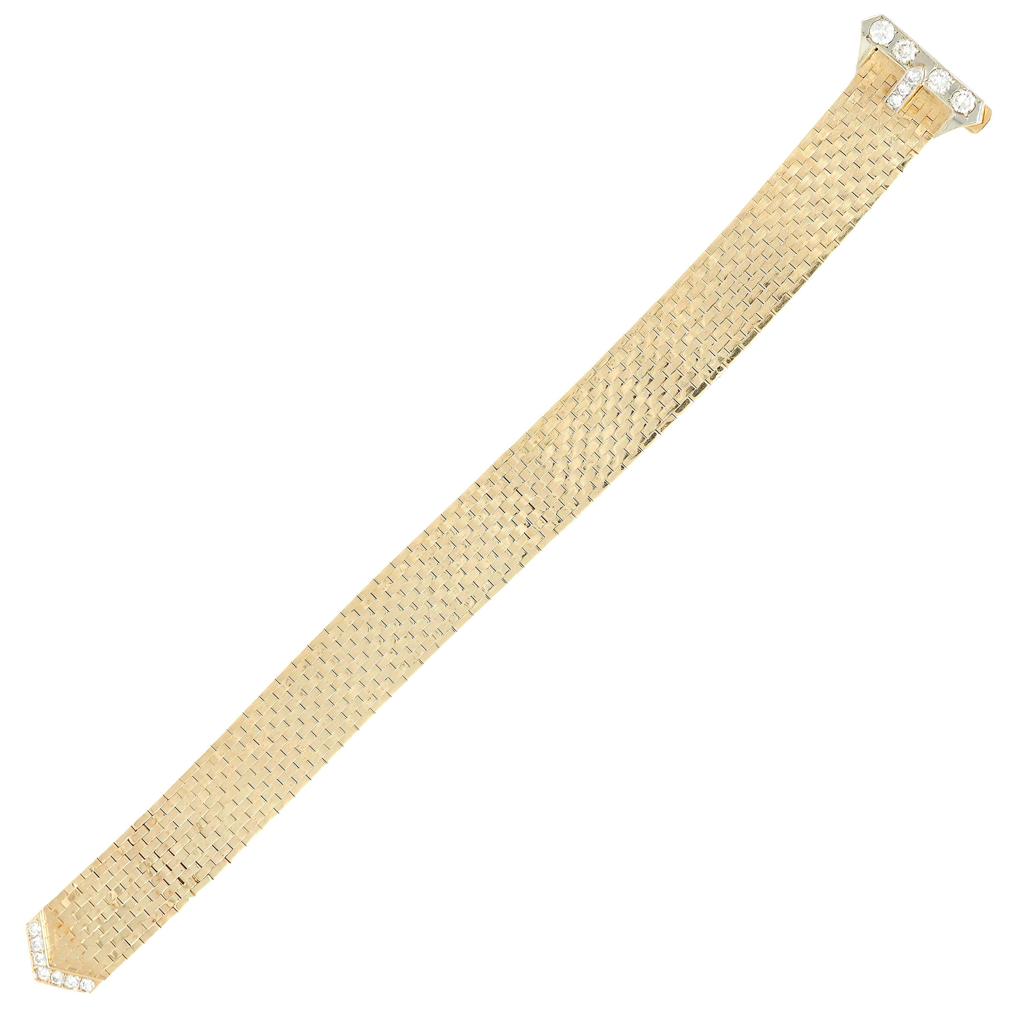 Retro 2.00 CTW Diamond 14 Karat Two-Tone Gold Vintage Mesh Buckle Bracelet