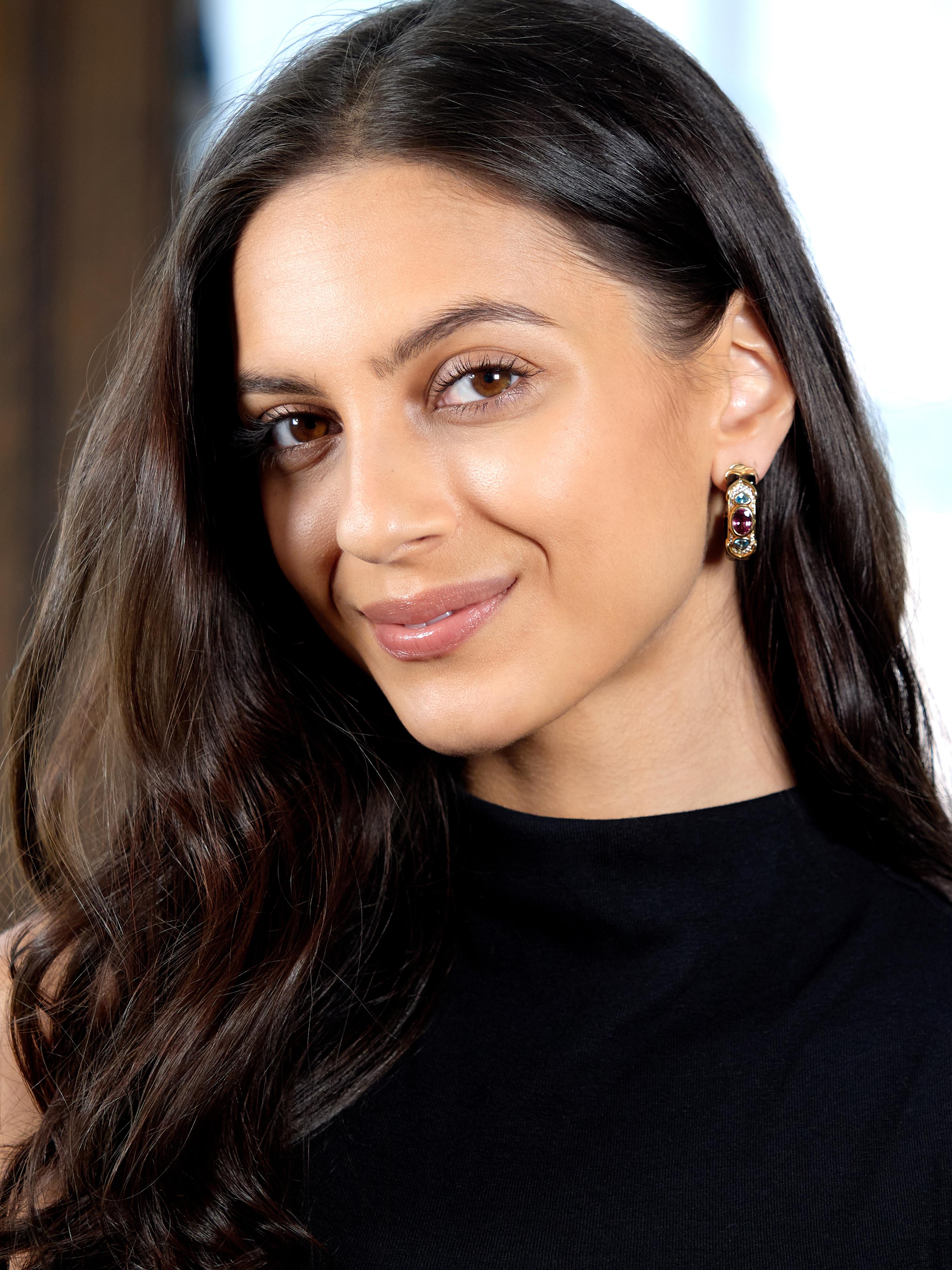 Marina B. 1980's Diamond Multi-Gem 18 Karat Yellow Gold Vintage Hoop Earrings